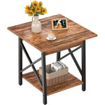 GreenForest End Table 24 inch for Living Room, Large Square Side Tables with X-Frame, Tall Industrial Bedside Nightstand with 2-Tier Storage, Rustic Walnut