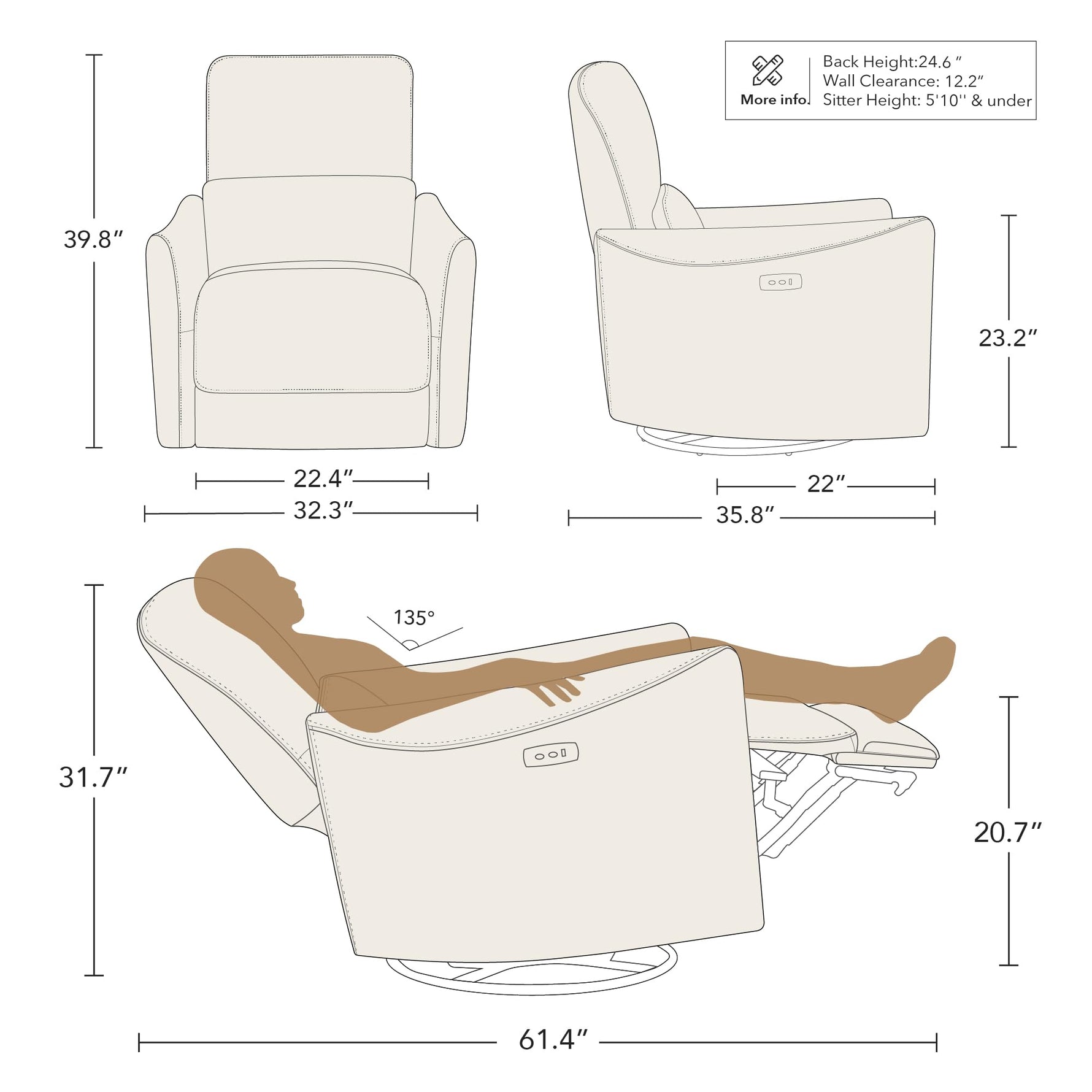 CHITA Power Recliner Chair Swivel Glider, FSC Certified Upholstered Living Room Nursery Reclining Sofa Chair with Lumbar Support, Linen
