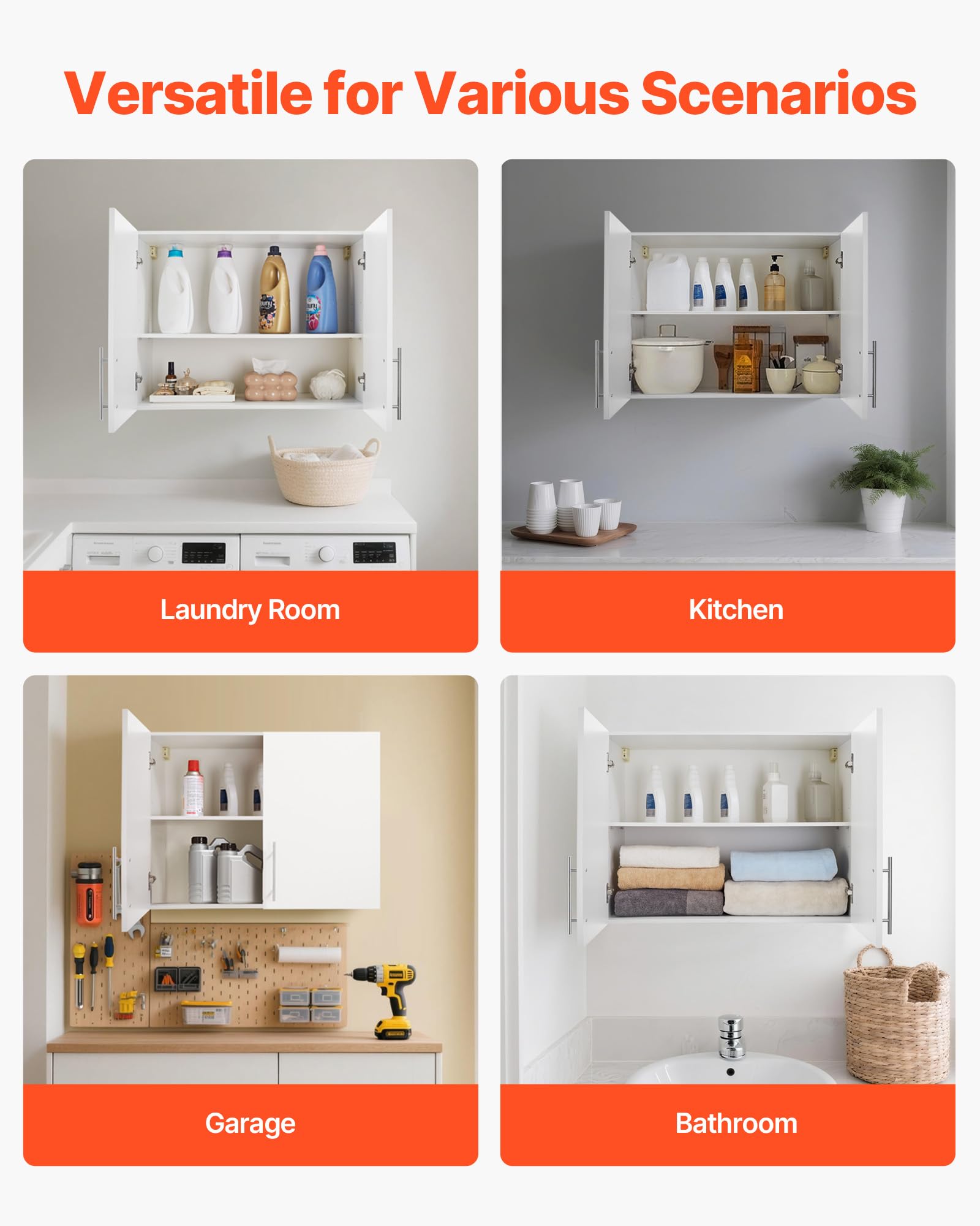 VEVOR Laundry Room Wall Cabinet, 2-Tier Wall Mounted Hanging Cabinet with Adjustable Shelf, Cupboard Storage with 2 Doors, for Kitchen, Bathroom, Laundry, 11.8 x 23.6 x 23.6 in (D x W x H), White