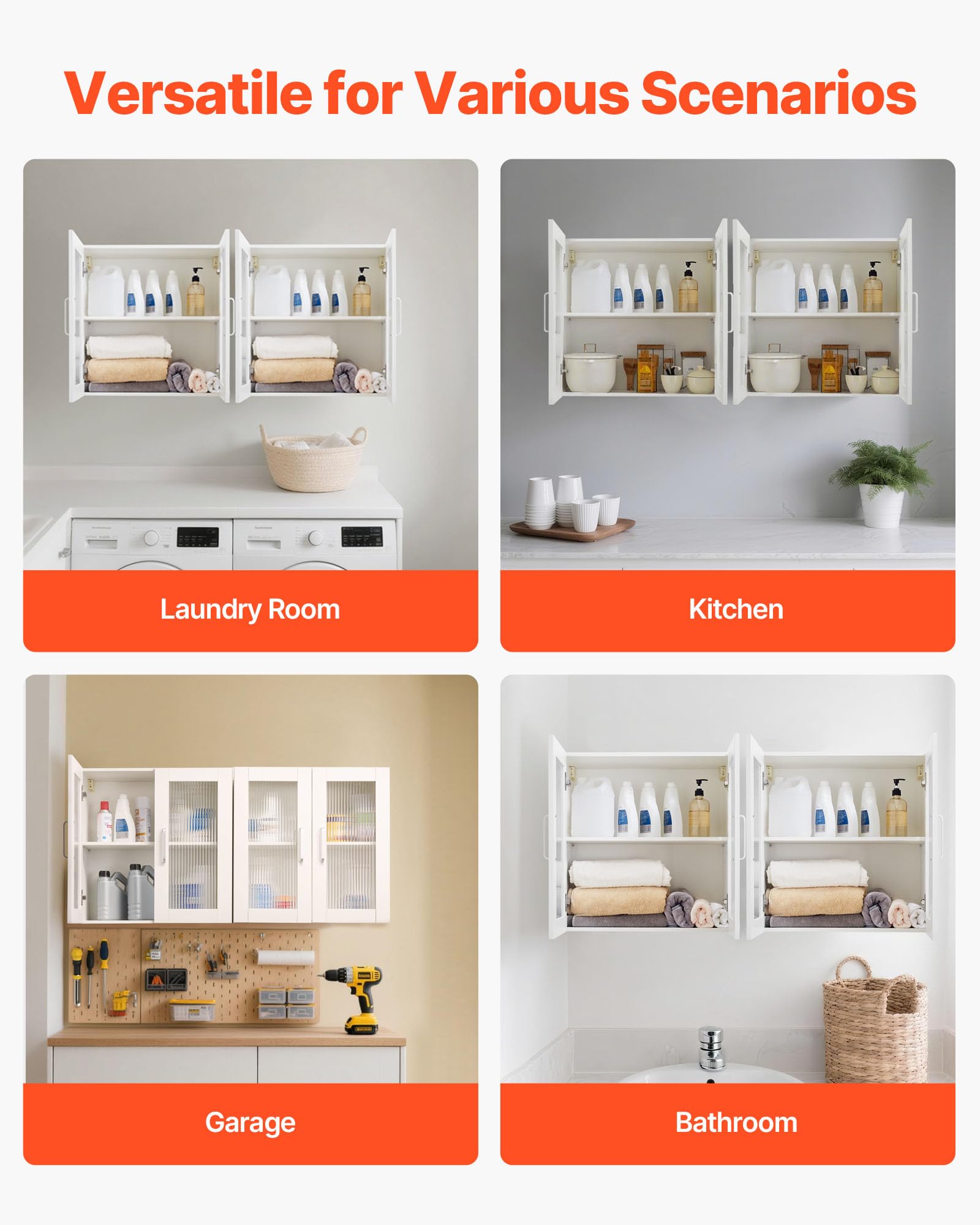 VEVOR Laundry Room Wall Cabinet, 2-Tier Wall Mounted Hanging Cabinet with Adjustable Shelf, Cupboard Storage with 2 Doors, for Kitchen, Bathroom, Laundry, 11.8 x 23.6 x 23.6 in (D x W x H), White