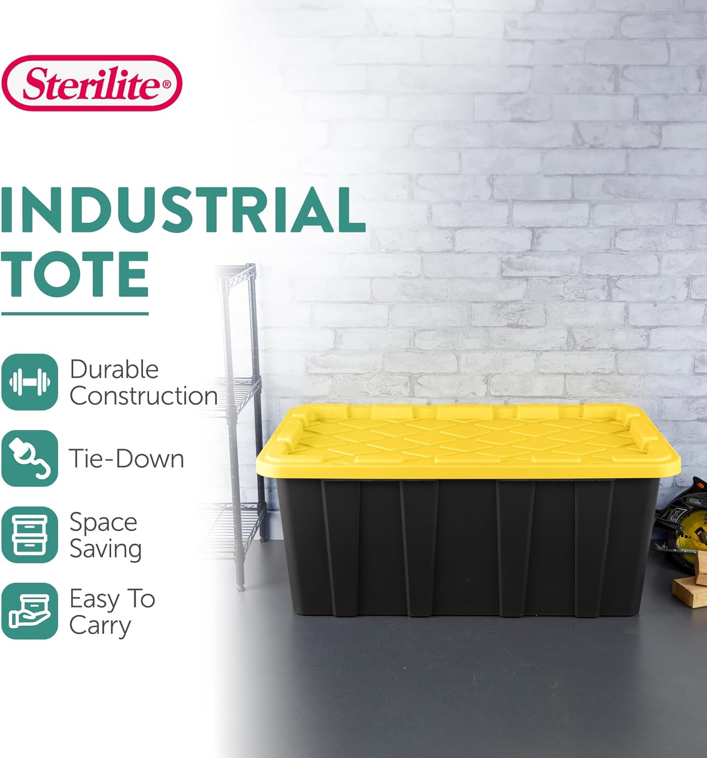 Sterilite Industrial Storage Tote with Lids for Garage, 27 Gallon, 4-Pack | Heavy-Duty and Stackable Utility Box Containers for Home, Office, and Basement Organization, Black/Yellow