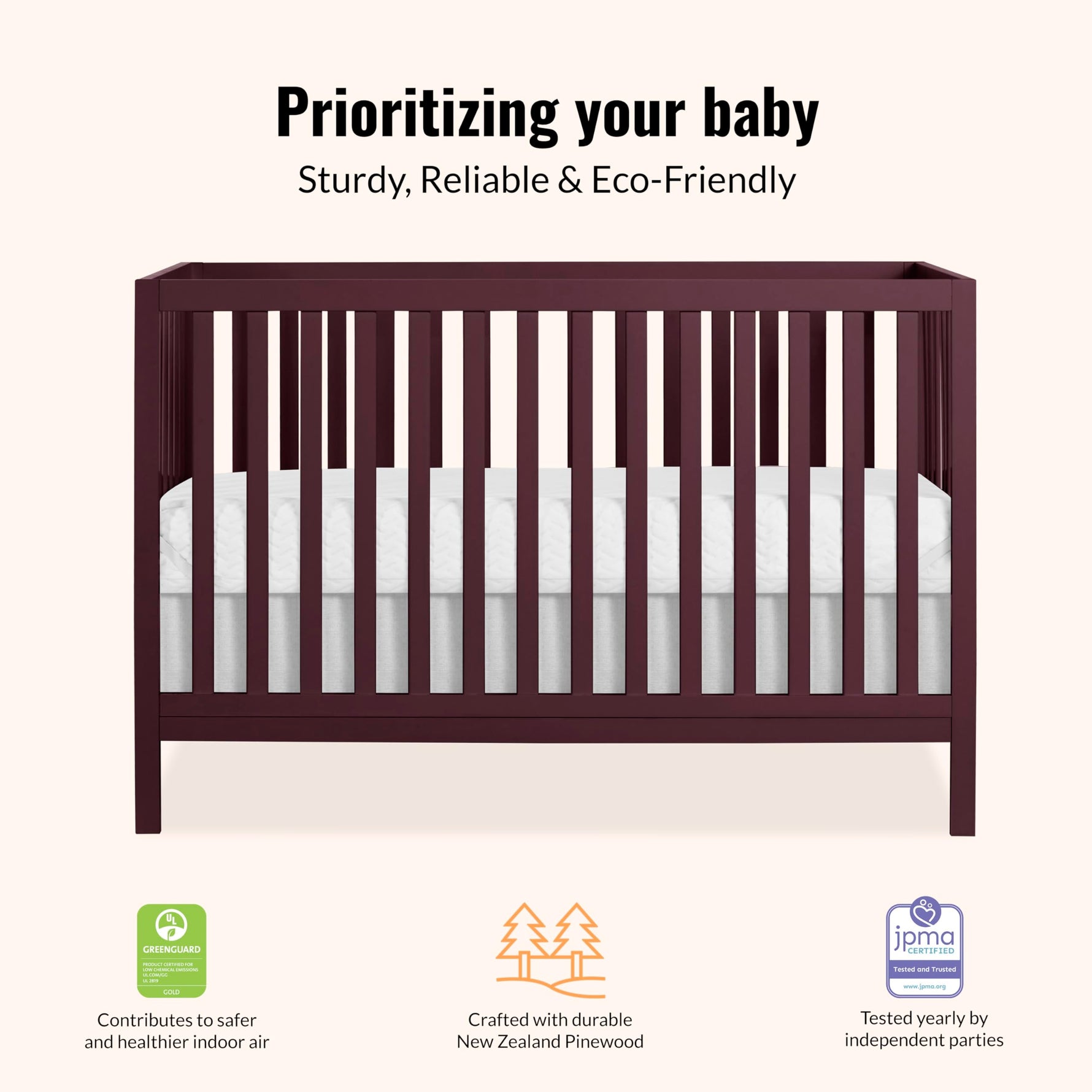 Dream On Me Synergy 5-in-1 Convertible Full-Size Baby Crib with Toddler, Day & Full Bed Conversion in White, GreenGuard Gold & BSA, 3 Mattress Heights, Sustainable Pinewood