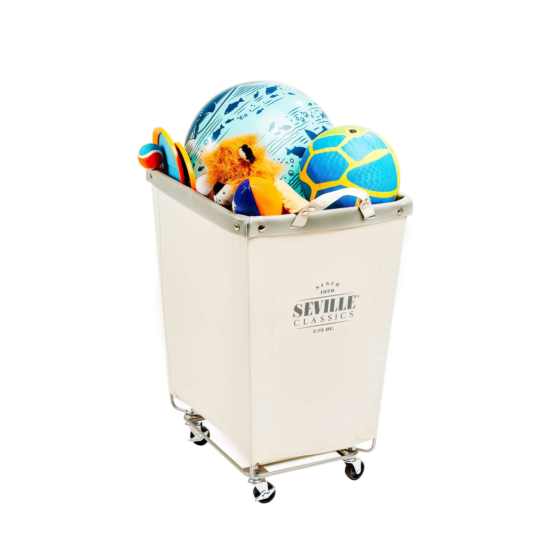 Corner Heavy-Duty Canvas Hamper w/Wheels, 24"W x 17.7"D, Natural White | Space-saving corner design holds 3 to 4 loads of laundry with a durable steel frame, smooth-rolling locking wheels