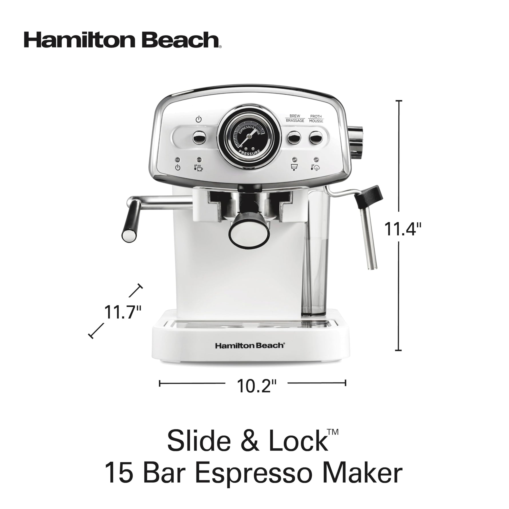 Hamilton Beach Slide & Lock Espresso Machine With Milk Frother Steam Wand For Cappuccino & Latte, 15 Bar Pump and Two Spouts, Removable Reservoir, Compact, Retro Design, White (40731)