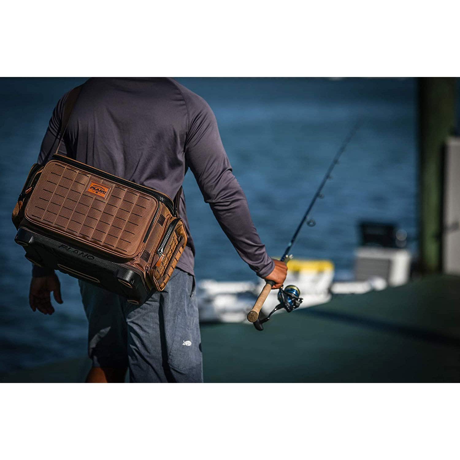 Plano Guide Series 3600 Tackle Bag, Medium, Beige 1680 Denier Fabric with Waterproof Base, Includes 5 Stowaway Utility Boxes, Premium Fishing Storage for Baits & Lures