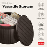Keter Circa 37 Gallon Deck Box Organizer, Works as Ottoman Chair or Side Table, Brown – Large Resin Round Outdoor Storage and Seating for Garden, Pool, and Patio
