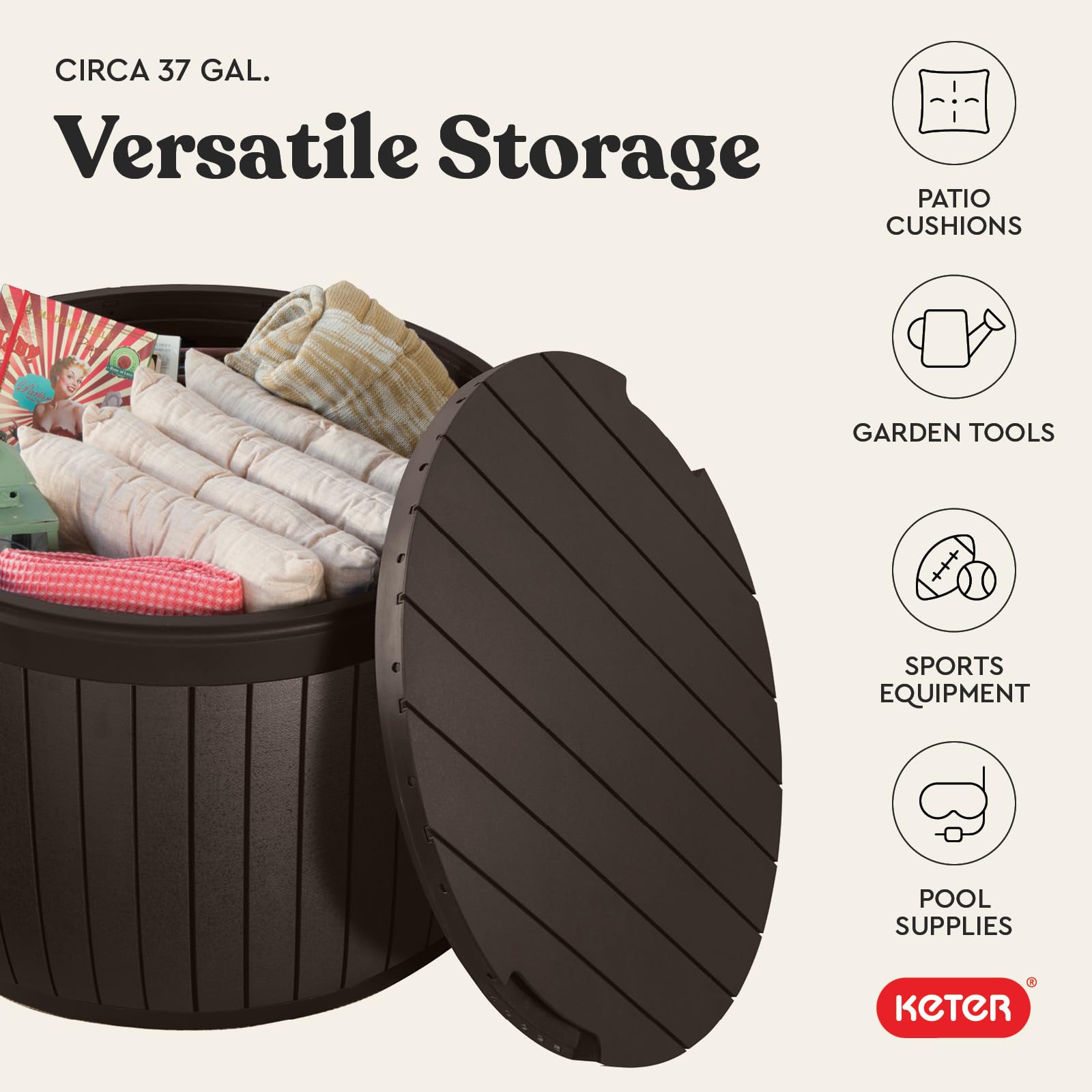 Keter Circa 37 Gallon Deck Box Organizer, Works as Ottoman Chair or Side Table, Brown – Large Resin Round Outdoor Storage and Seating for Garden, Pool, and Patio