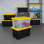 Sterilite Industrial Storage Tote with Lids for Garage, 27 Gallon, 4-Pack | Heavy-Duty and Stackable Utility Box Containers for Home, Office, and Basement Organization, Black/Yellow