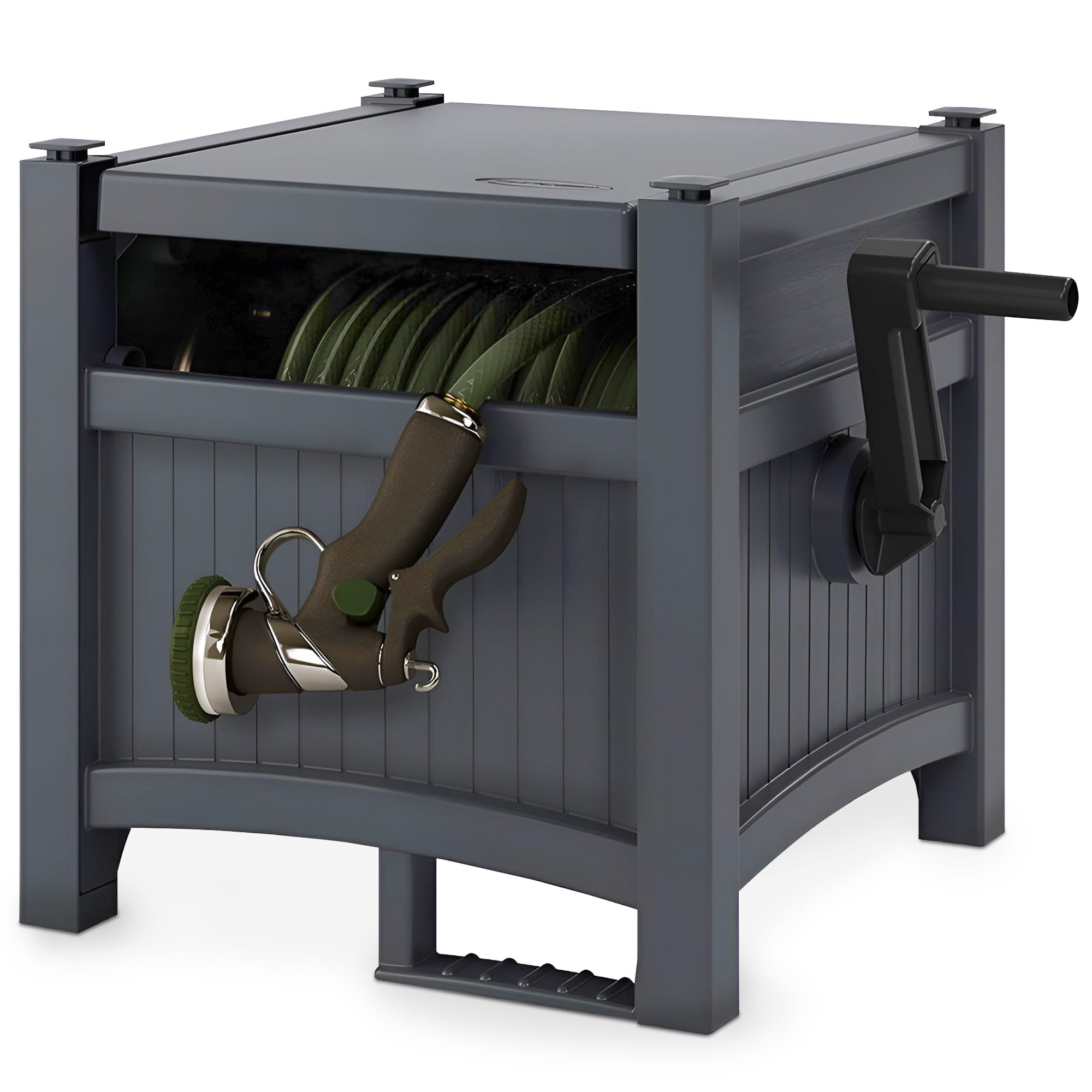 Suncast Garden Hose Hideaway Storage Reel Box, Cyberspace Grey – Resin Outdoor Container, Holds up to 100 Feet of 5/8 Inch Standard Vinyl Water Line – No Assembly Required