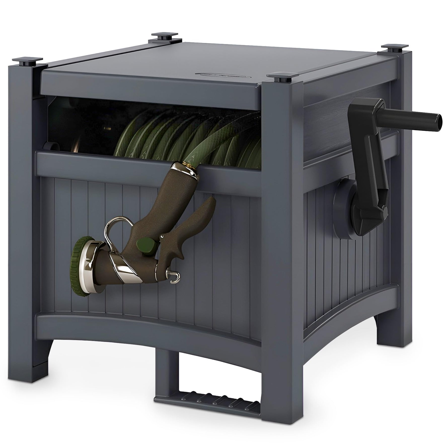 Suncast Garden Hose Hideaway Storage Reel Box, Cyberspace Grey – Resin Outdoor Container, Holds up to 100 Feet of 5/8 Inch Standard Vinyl Water Line – No Assembly Required