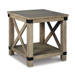 Signature Design by Ashley Aldwin Casual Farmhouse Rectangular End Table with Crossbuck Details, Metal Bracket Accents, Wood, 25" High, Weathered Gray