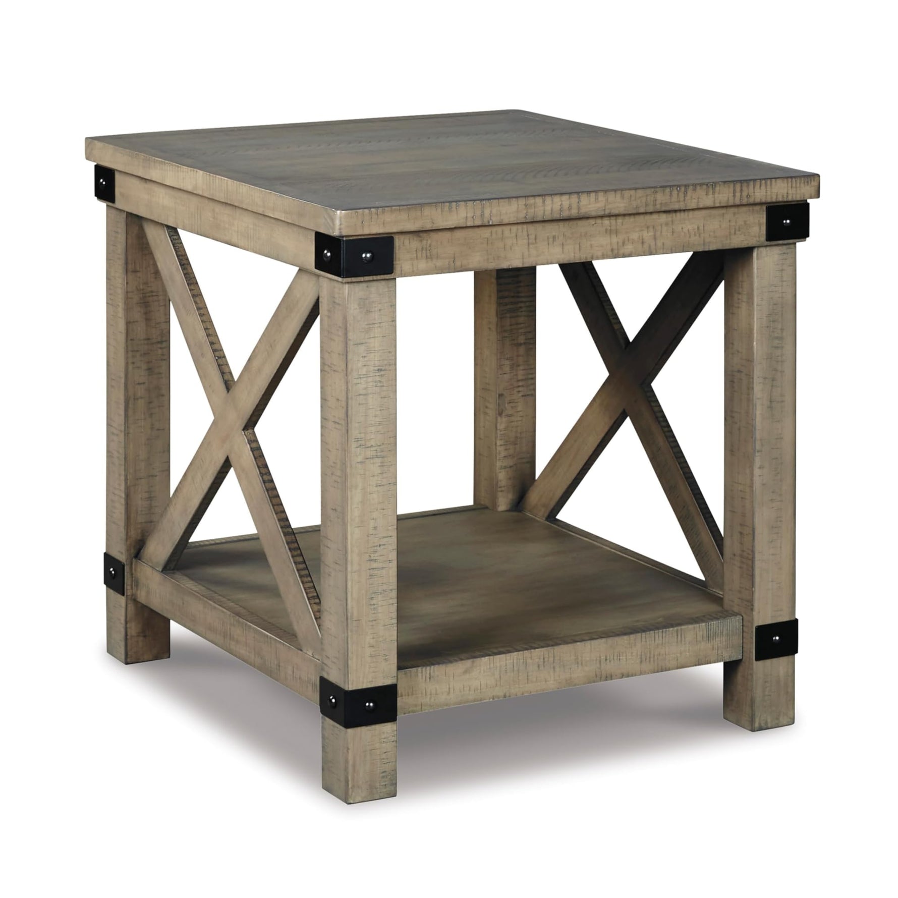 Signature Design by Ashley Aldwin Casual Farmhouse Rectangular End Table with Crossbuck Details, Metal Bracket Accents, Wood, 25" High, Weathered Gray