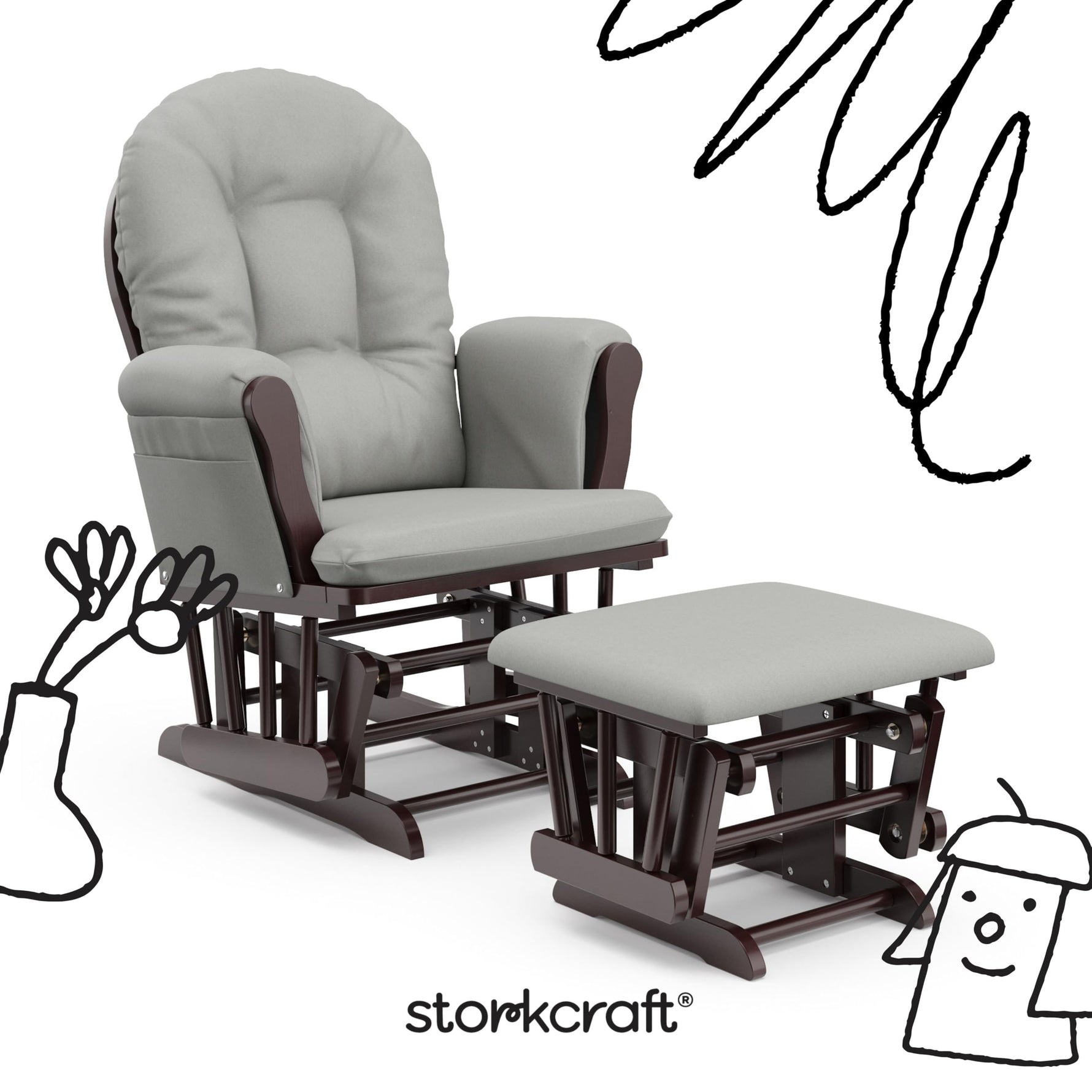 Storkcraft Premium Hoop Glider & Ottoman (Espresso with Beige) — GREENGUARD Gold Certified, Solid Wood Craftsmanship, Convenient Storage Pockets, Glider Rocking Chair for Nursery, Multi-Award-Winning