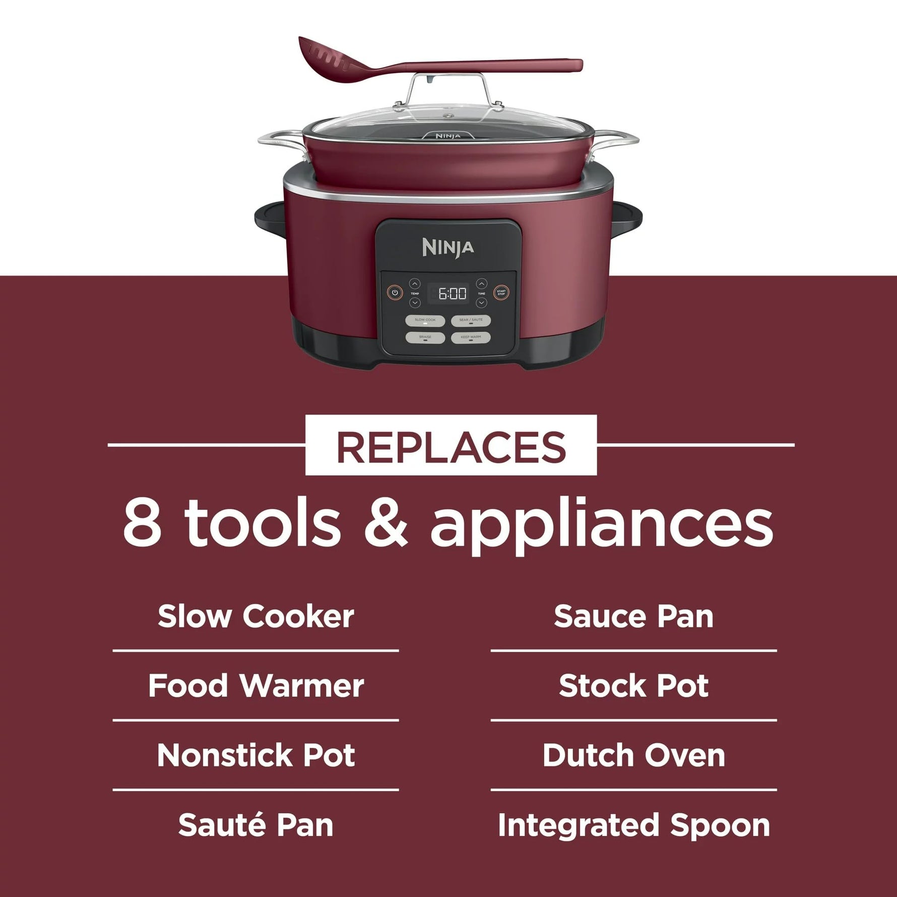 Ninja MC1000 Foodi PossibleCooker 8.5 Quart Multi-Cooker,with 4-in-1 Slow Cooker,Dutch Oven & More,Glass Lid & Integrated Spoon,Nonstick,Oven Safe Pot to 500°F,Cherry Tarte (Renewed)