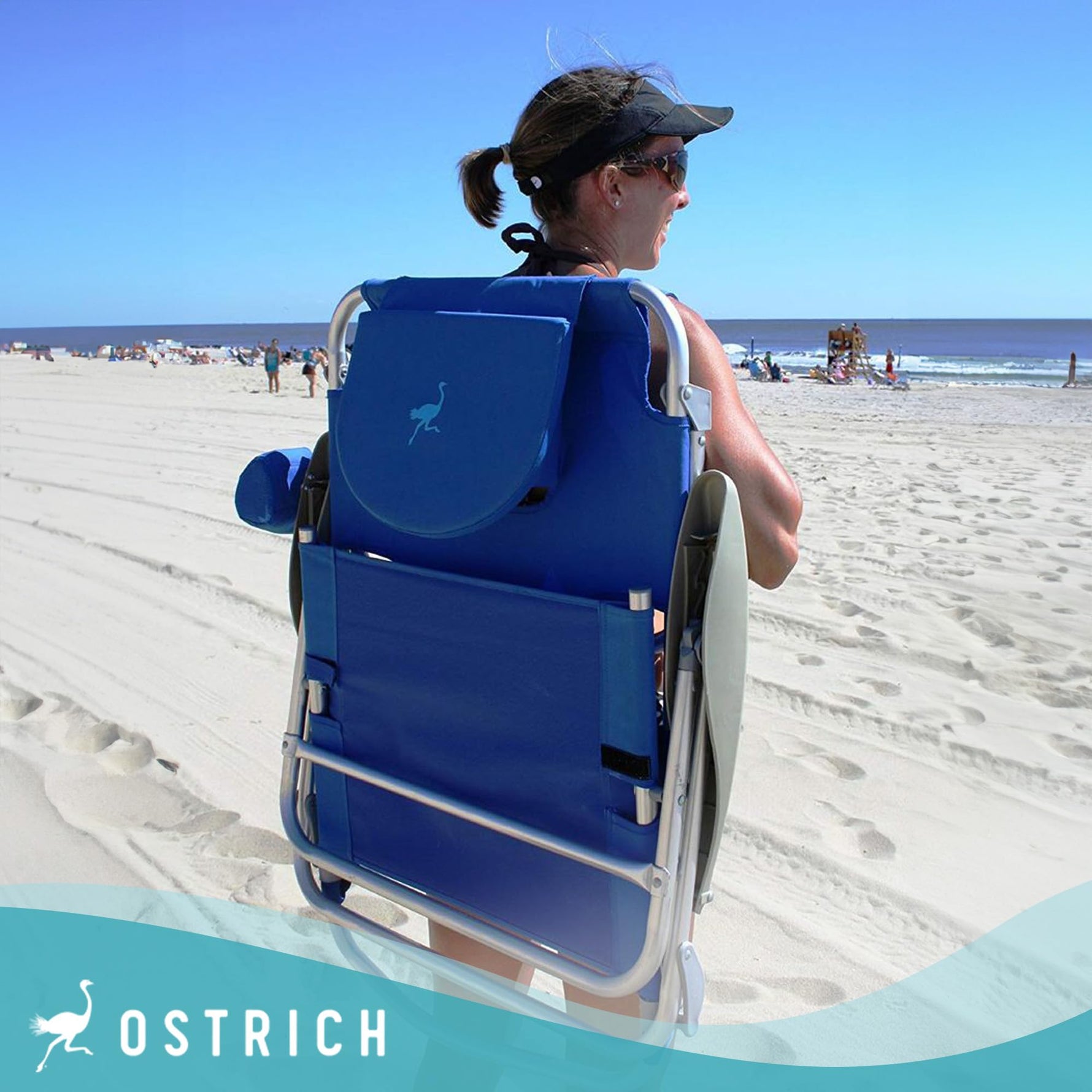 Ostrich the Heavy-Duty Backpacker, Portable Beach Chair with Face Hole, Adjustable Lounge Chair with Face Opening, Cup Holder, & 325lb Capacity, Blue