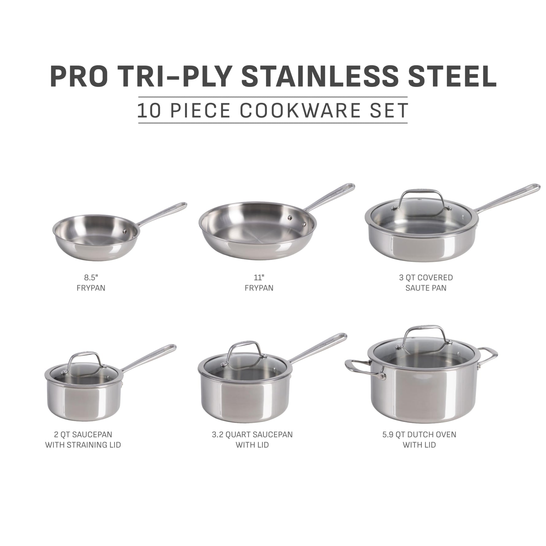 T-fal Pro Tri-Ply Stainless Steel Cookware Set, 10 Piece-Induction Compatible, Oven Safe 500F, Lids-350F, Even Heat, Professional Quality, Durable, Induction Pots and Pans Set, Silver