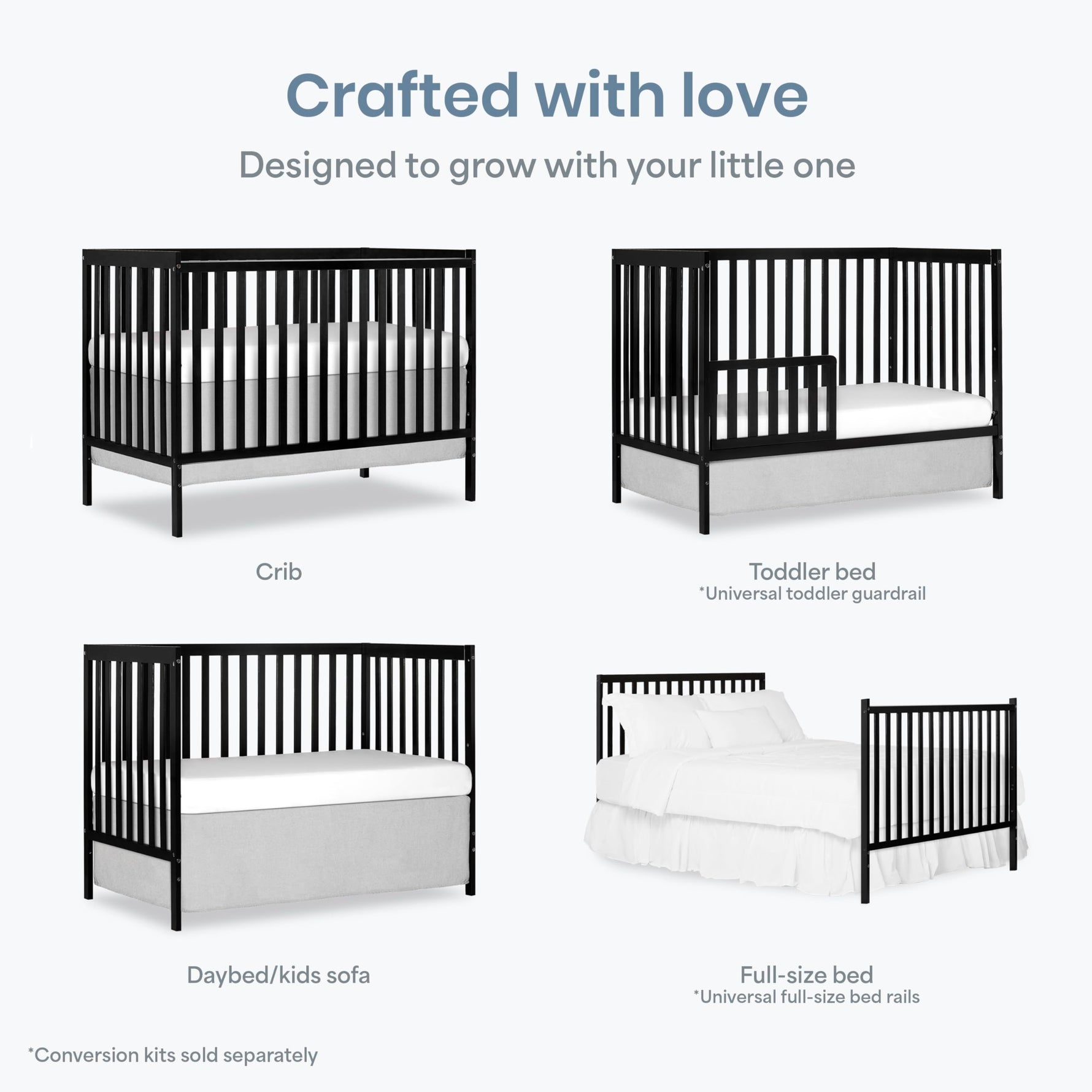 Dream On Me Synergy 5-in-1 Convertible Full-Size Baby Crib with Toddler, Day & Full Bed Conversion in White, GreenGuard Gold & BSA, 3 Mattress Heights, Sustainable Pinewood