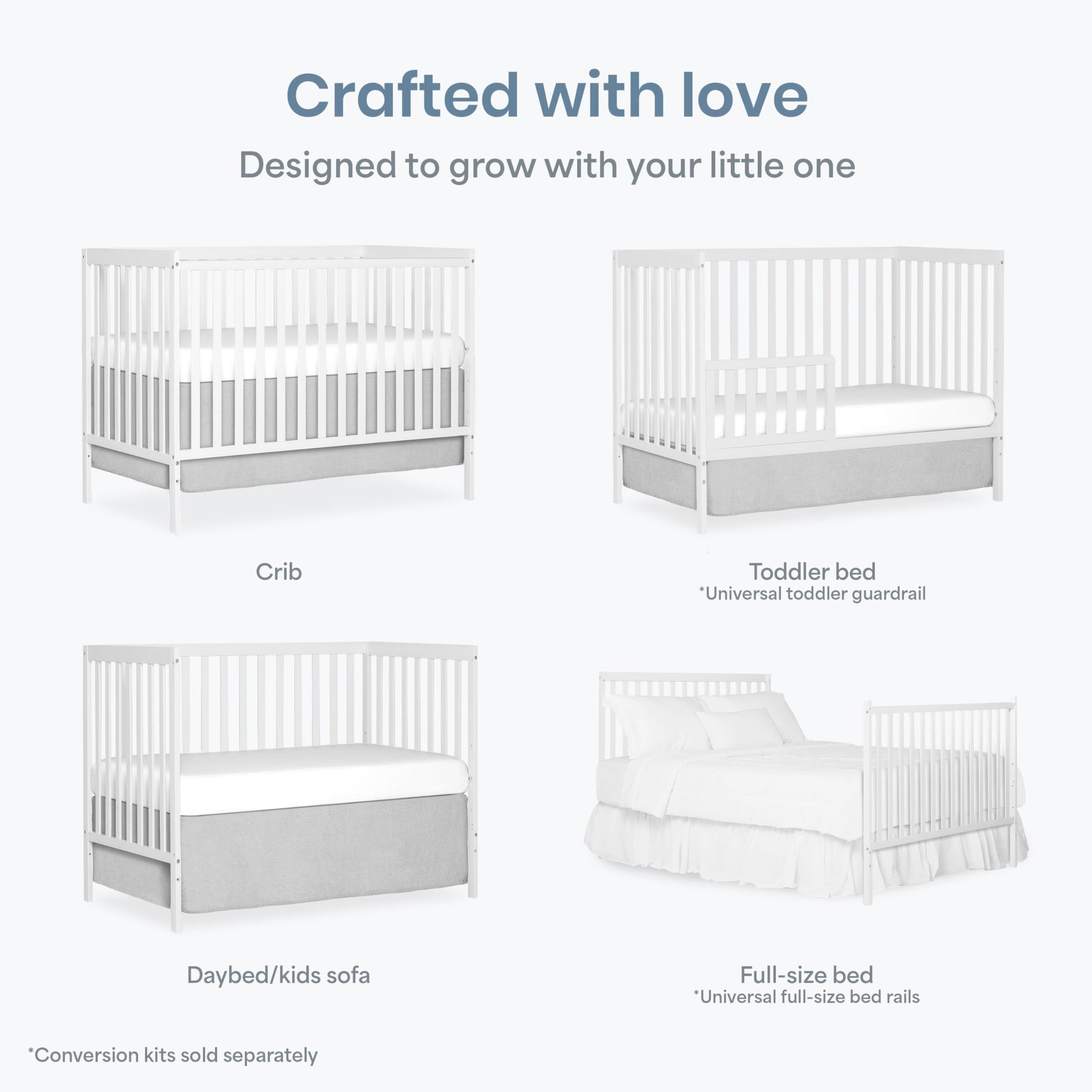 Dream On Me Synergy 5-in-1 Convertible Full-Size Baby Crib with Toddler, Day & Full Bed Conversion in White, GreenGuard Gold & BSA, 3 Mattress Heights, Sustainable Pinewood