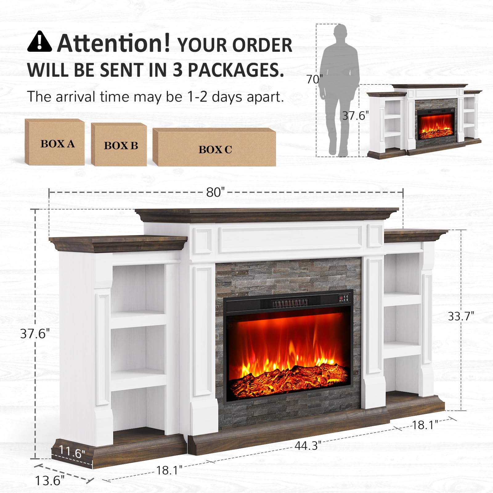 Naice 72" Electric Fireplace with Mantel and Cabinets, Fireplace TV Stand for Living Room Bedroom, Stacked Stone Surround and Remote Control 3D Realistic Flame, Black