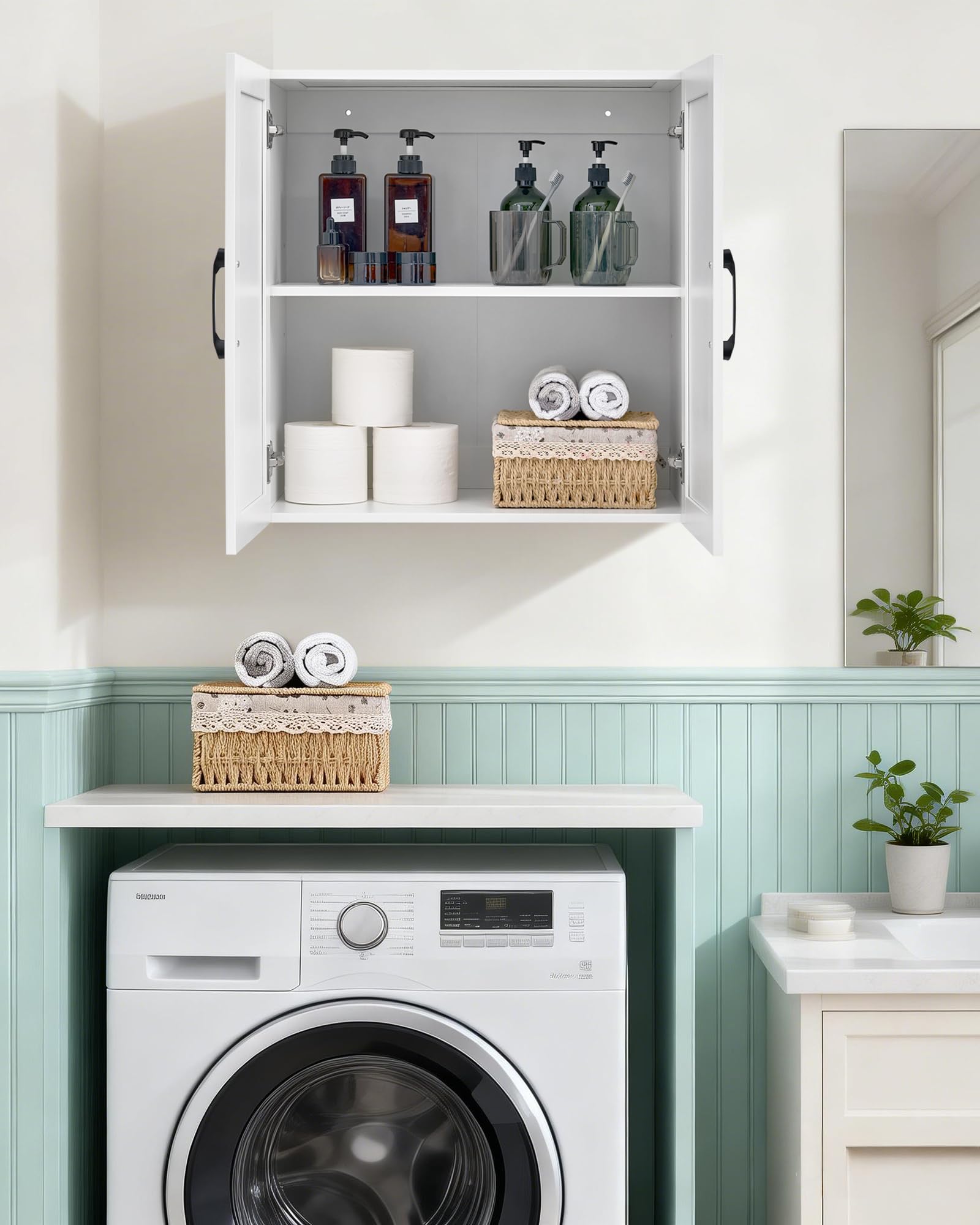 Wall Cabinet with Adjustable Shelves, Laundry Room Cabinet with 4 Doors, Kitchen Storage Cupboard Cabinet, Wall Mount Medicine Cabinet for Bathroom, Living Room, White