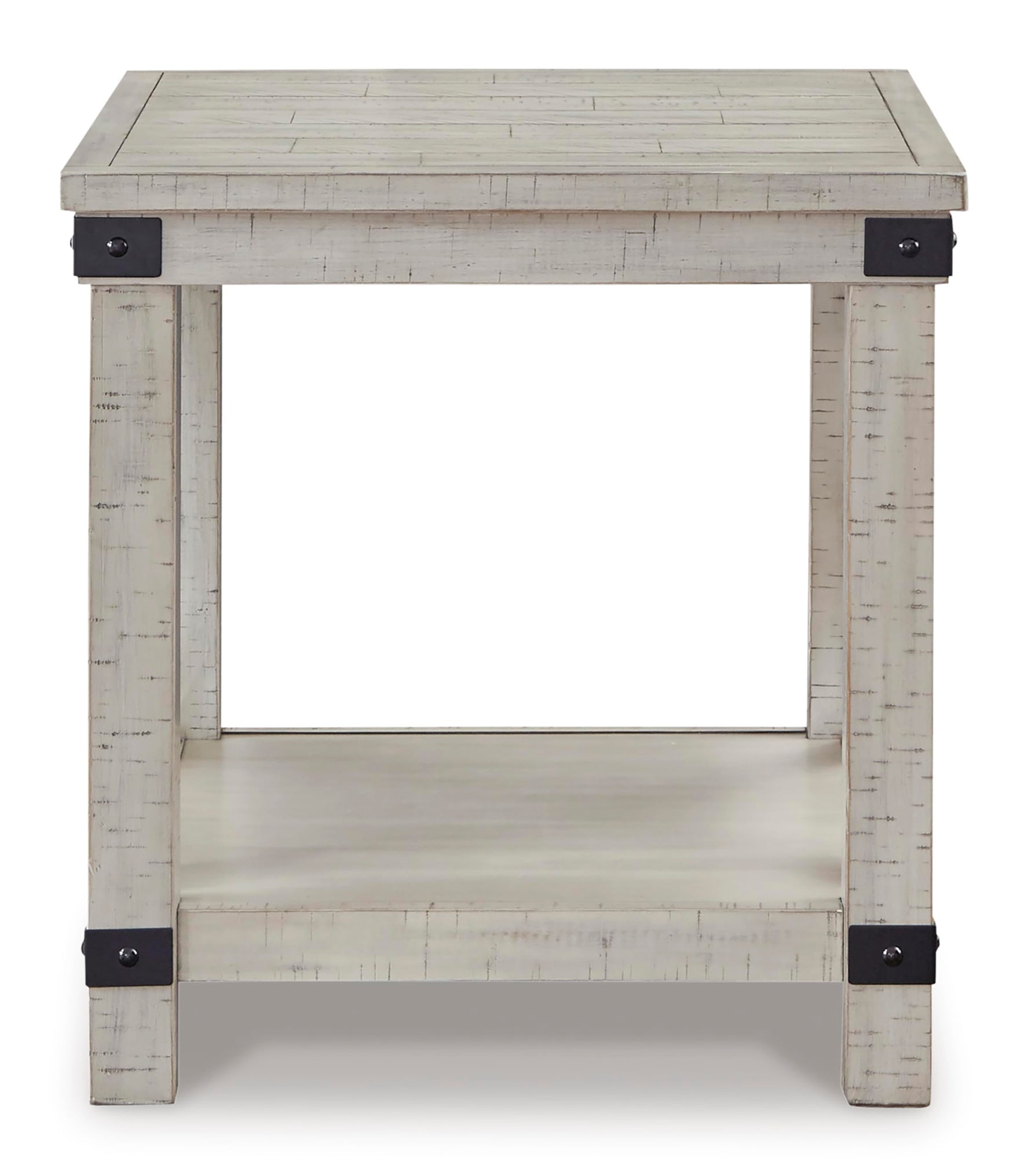 Signature Design by Ashley Aldwin Casual Farmhouse Rectangular End Table with Crossbuck Details, Metal Bracket Accents, Wood, 25" High, Weathered Gray
