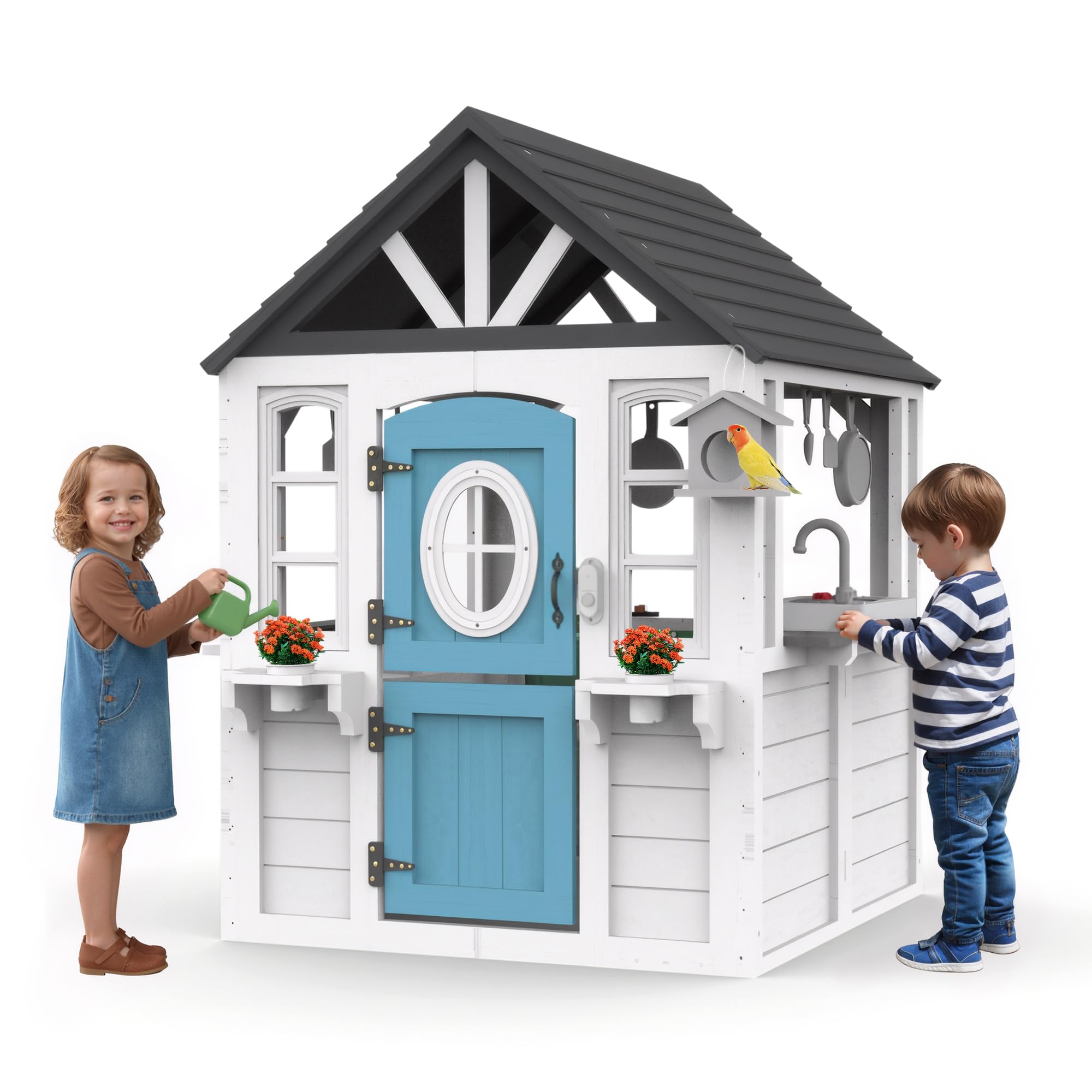 BTMWAY Kids Playhouse Outdoor,Cedar Wooden Play House for Kids Ages 3-8,with Dutch Door, Play Kitchen, Interactive Doorbell, Sink, Flowerpot, Birdcage