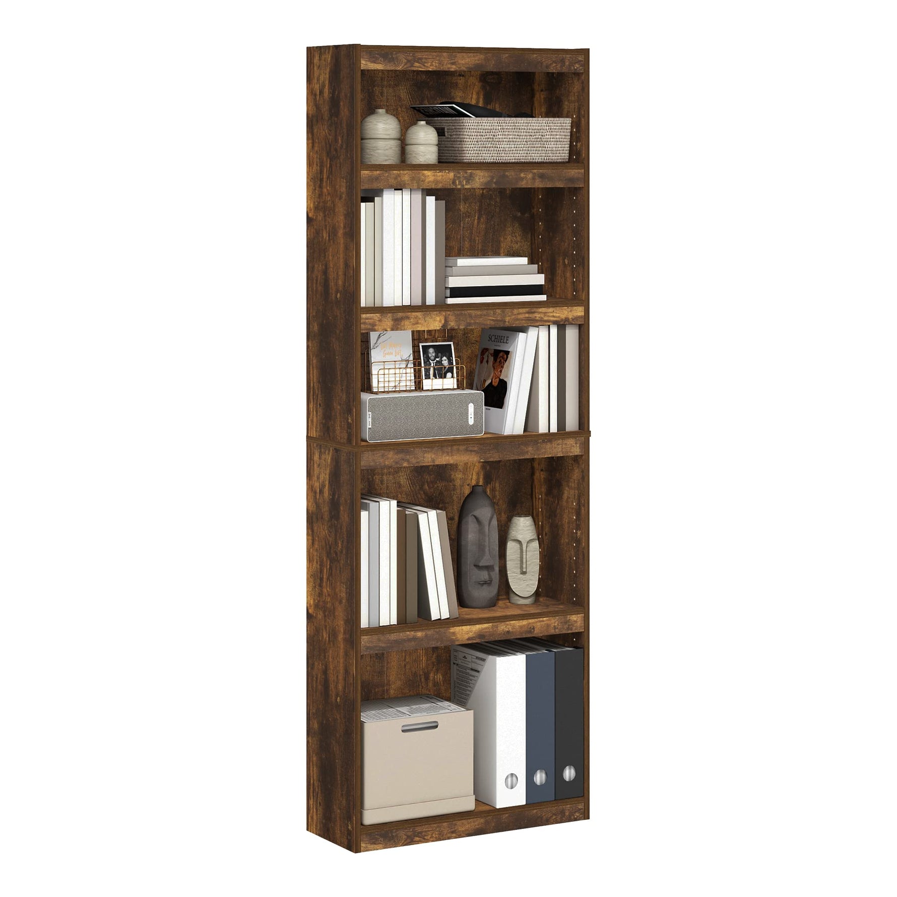 Furinno Jaya Book Shelf, 5-Tier Bookshelf, Bookcase with Adjustable Shelves, 9.5 x 24.5 x 71.2, for Organization and Storage, for Living Room, Bedroom, Home Office, Blackwood