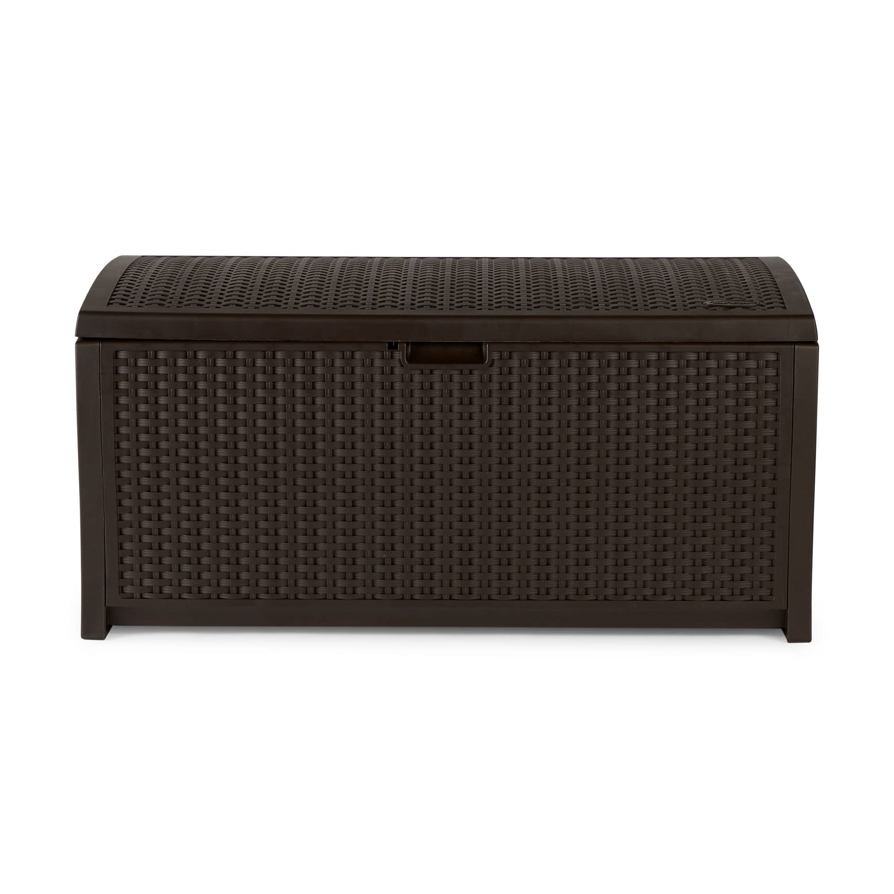 Suncast Outdoor Storage Box - 73 Gallon Mocha Brown Deck Box for Patio, weather-resistant Outdoor Storage Bench, Resin Wicker Style, Heavy-Duty, Lockable Lid for Cushions, Shoes, Pool & Garden Gear