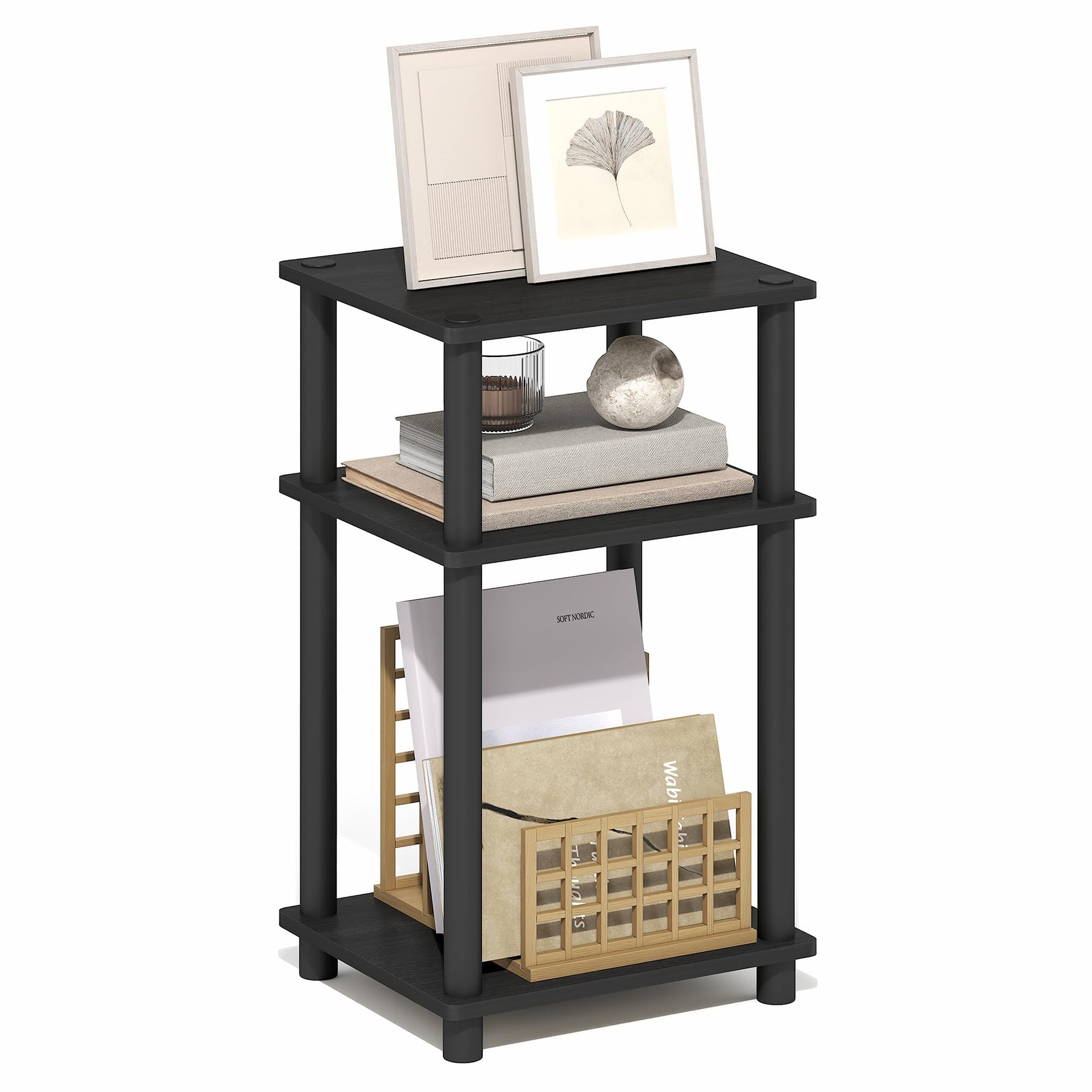 Furinno JUST Side Table, 3-Tier End Table, Open Shelves Night Stand, Bedside Table, Toolless Assembly, for Living Room, Bedroom, Bathroom, Columbia Walnut