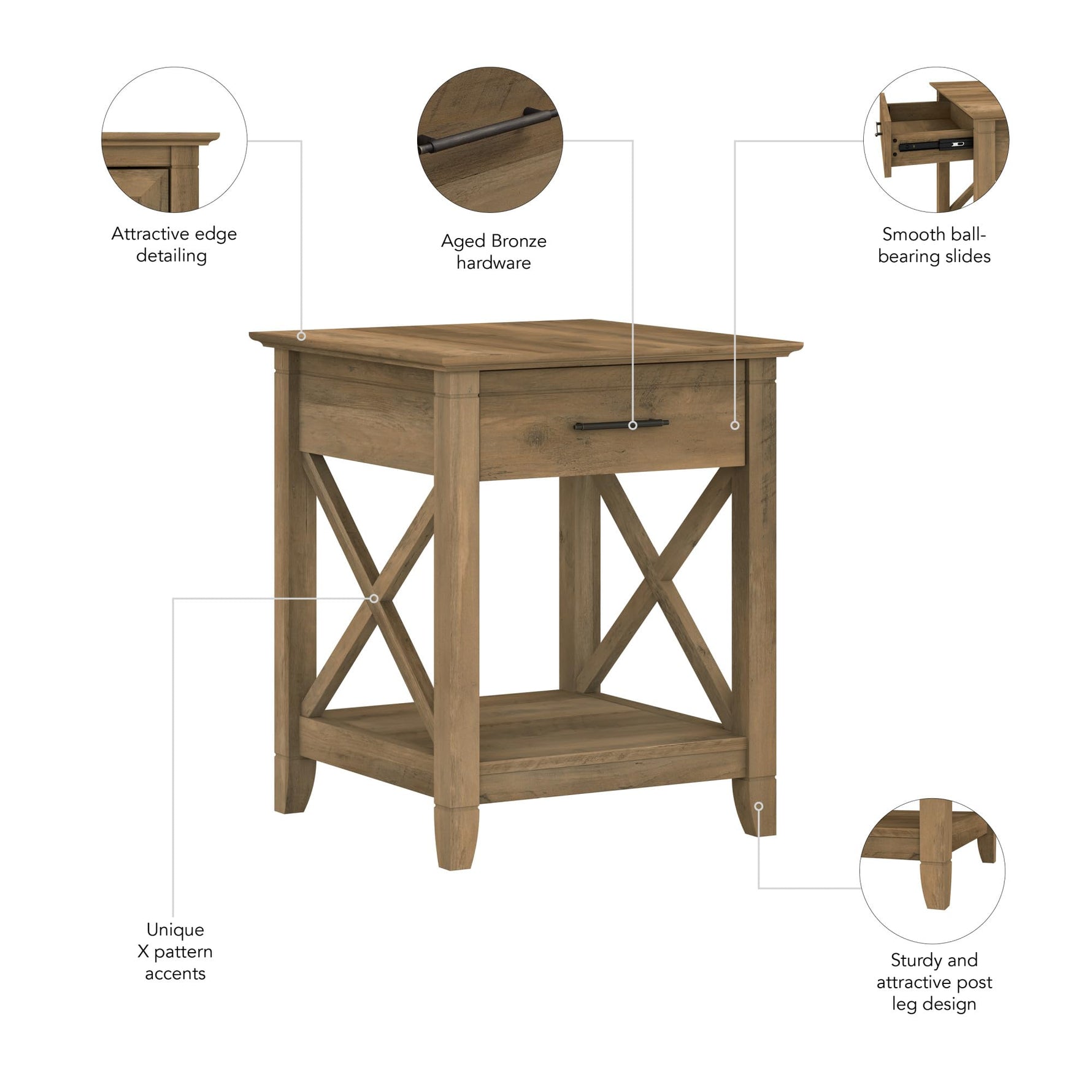 Bush Home End Table with Drawer, Nightstand with Storage, Living Room and Bedroom Furniture, Key West Collection, Washed Gray