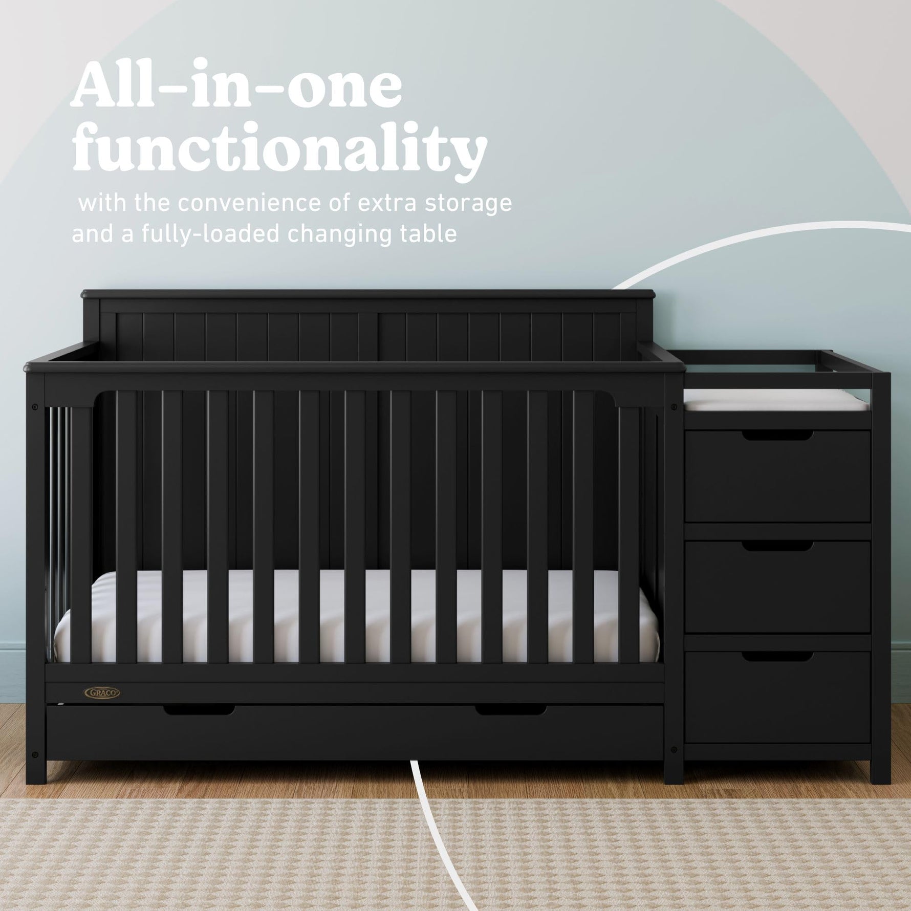 Graco Hadley 5-in-1 Convertible Crib with Drawer – GREENGUARD Gold Certified, Fits Standard Crib Mattress, Converts to Toddler Bed, Daybed and Full Bed, 4 Adjustable Mattress Heights (White)