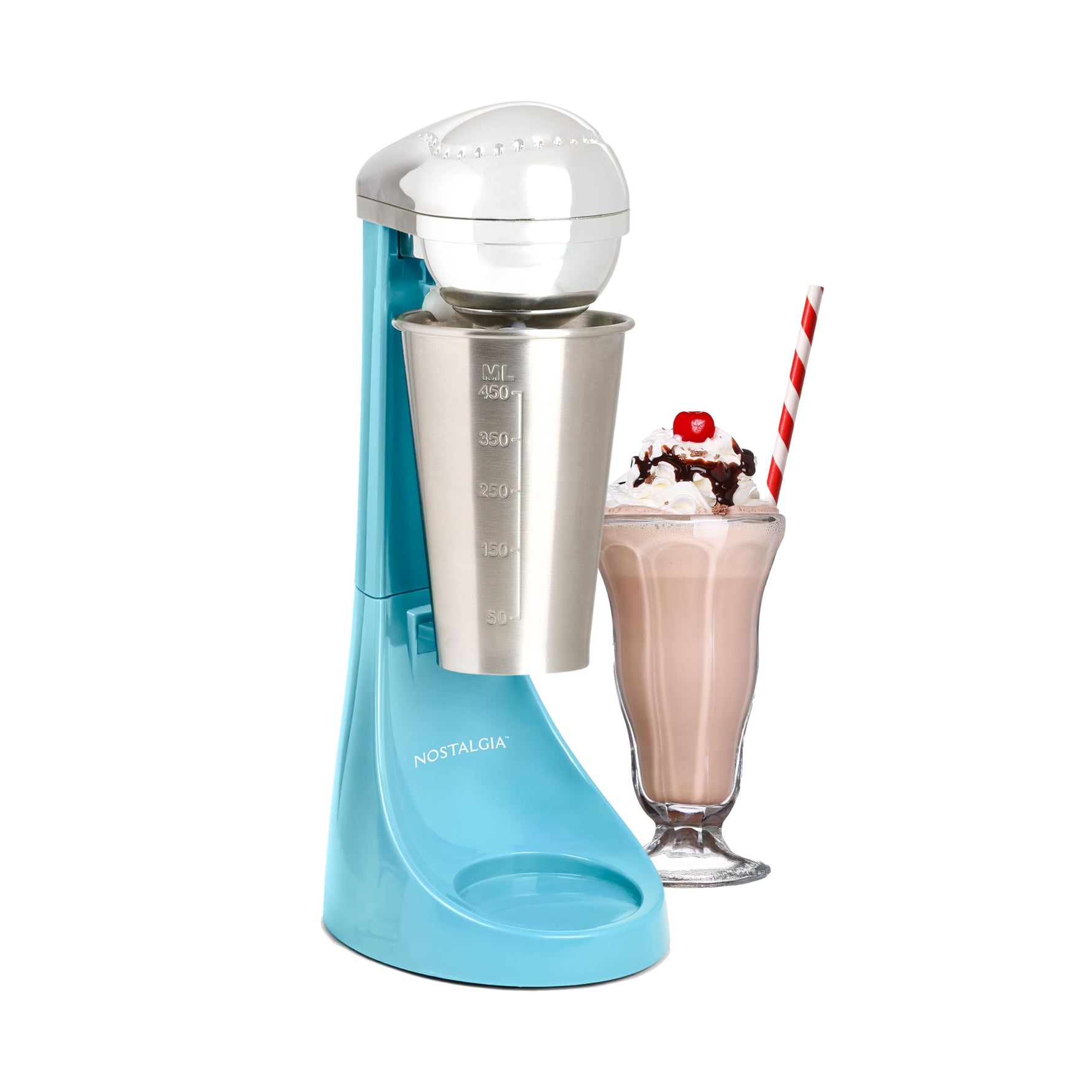 Nostalgia Two-Speed Electric Milkshake Maker and Drink Mixer, Includes 16-Ounce Stainless Steel Mixing Cup & Rod, Blue