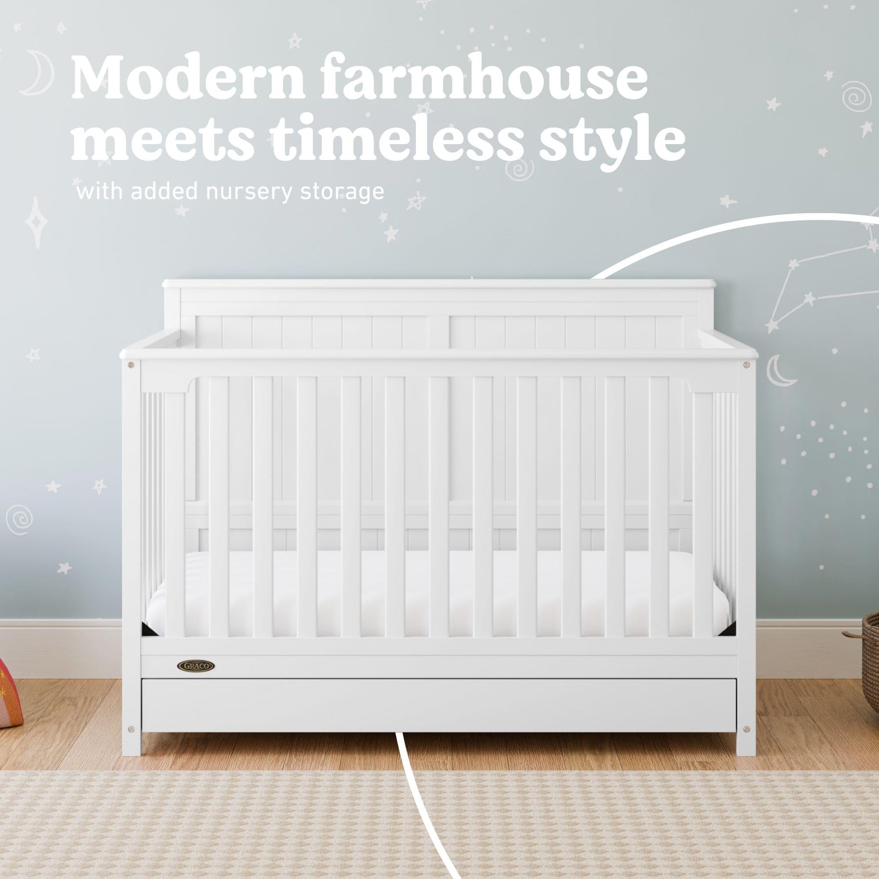 Graco Hadley 5-in-1 Convertible Crib with Drawer – GREENGUARD Gold Certified, Fits Standard Crib Mattress, Converts to Toddler Bed, Daybed and Full Bed, 4 Adjustable Mattress Heights (White)