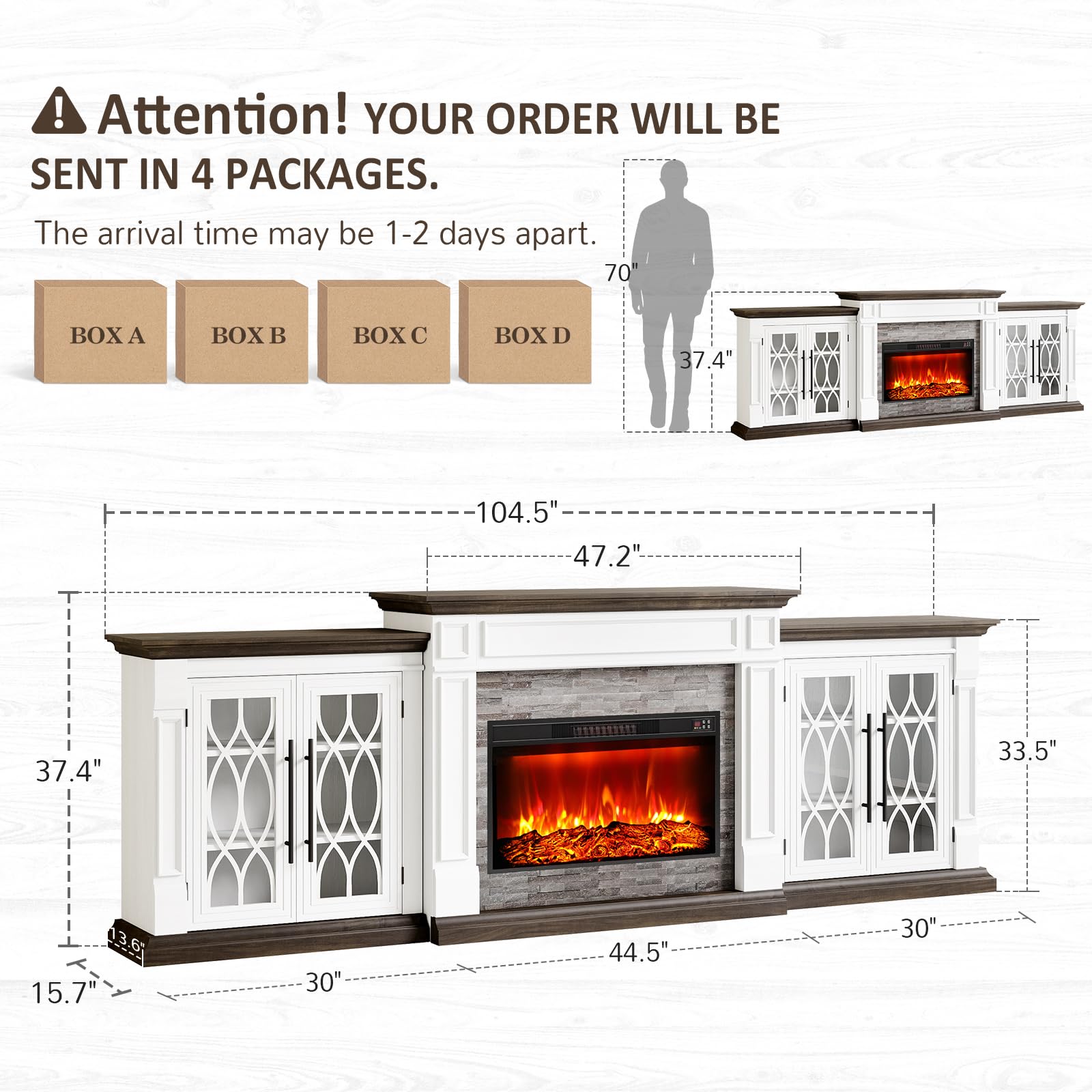 Naice 72" Electric Fireplace with Mantel and Cabinets, Fireplace TV Stand for Living Room Bedroom, Stacked Stone Surround and Remote Control 3D Realistic Flame, Black