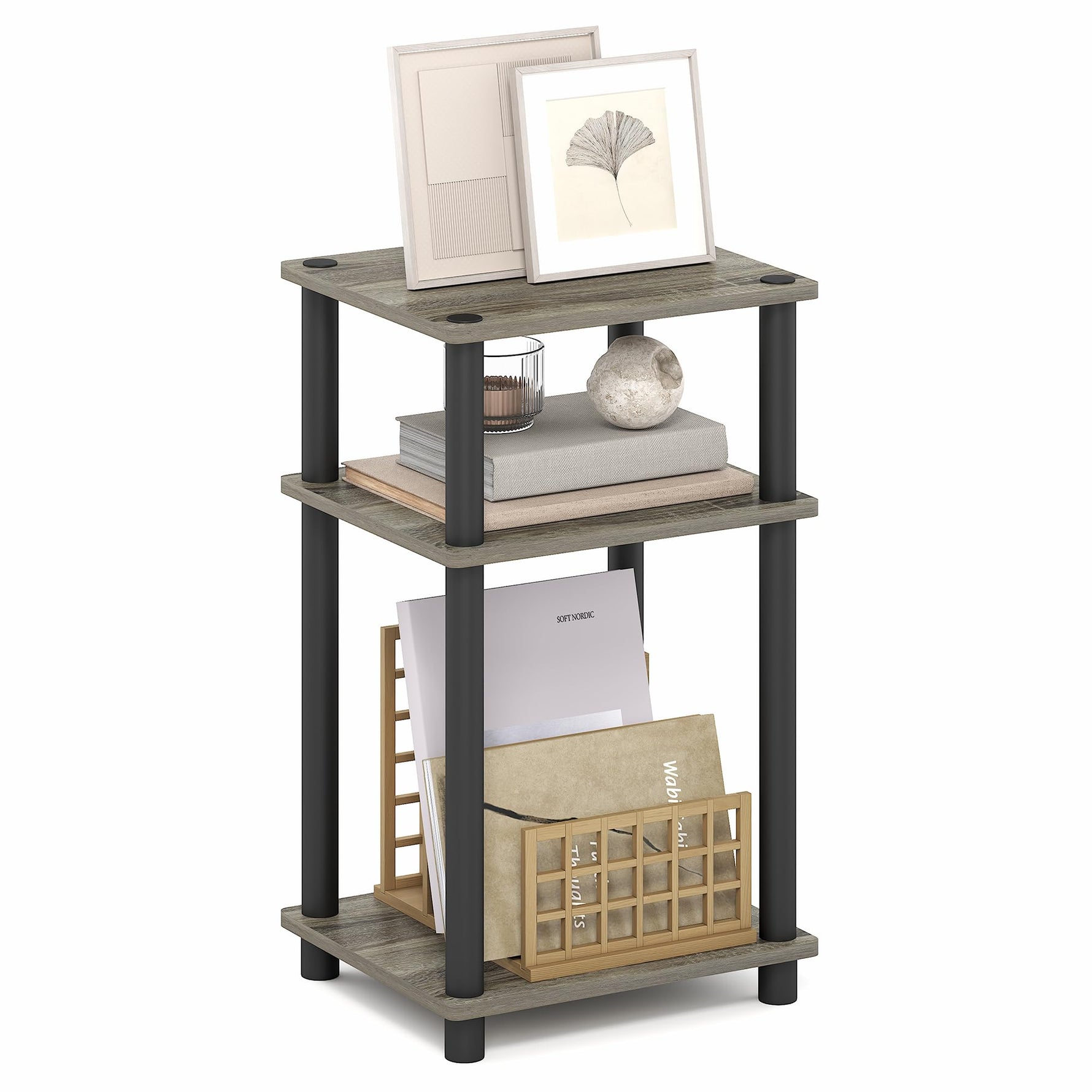 Furinno JUST Side Table, 3-Tier End Table, Open Shelves Night Stand, Bedside Table, Toolless Assembly, for Living Room, Bedroom, Bathroom, Columbia Walnut
