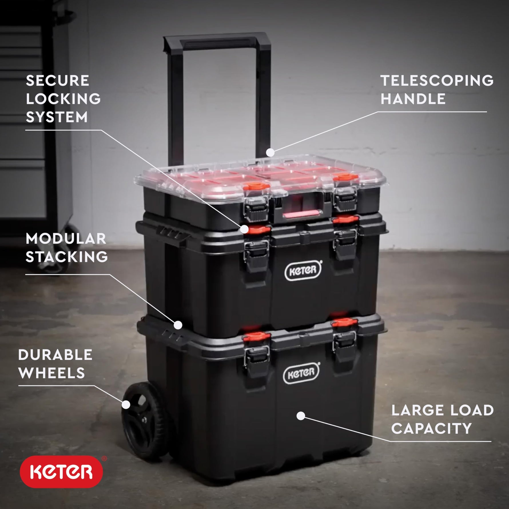 Keter Stack-n-Roll 3-Piece Rolling Tool Storage System – Includes Dolly, Tool Box & Deep Power Tool Case | Modular Mobile Tool Organizer | Stackable Design for Garage, Jobsite & Workshop