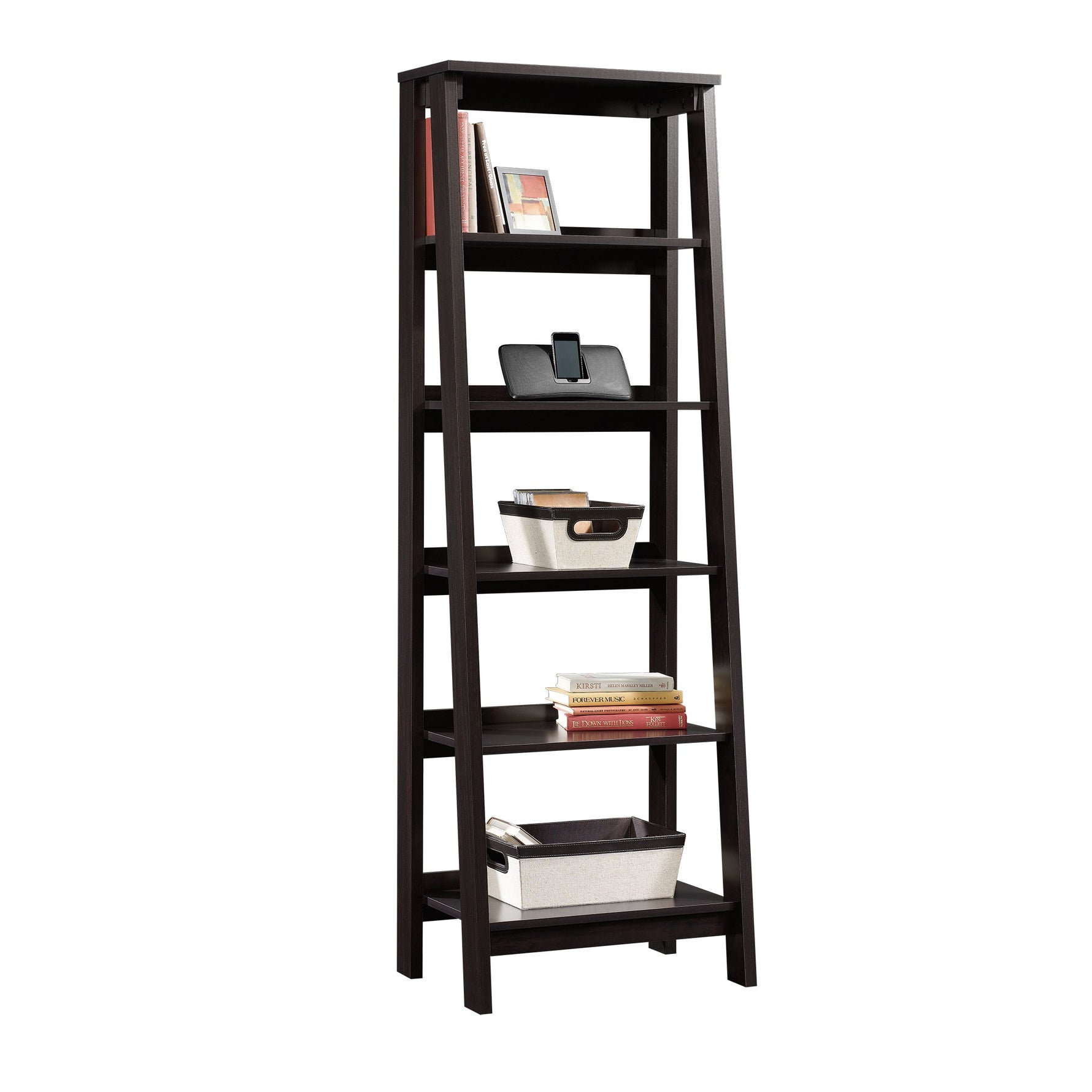 Sauder Ladder Bookshelf 5 Tier Trestle Ladder Shelf Wooden Bookcase, in Jamocha Wood