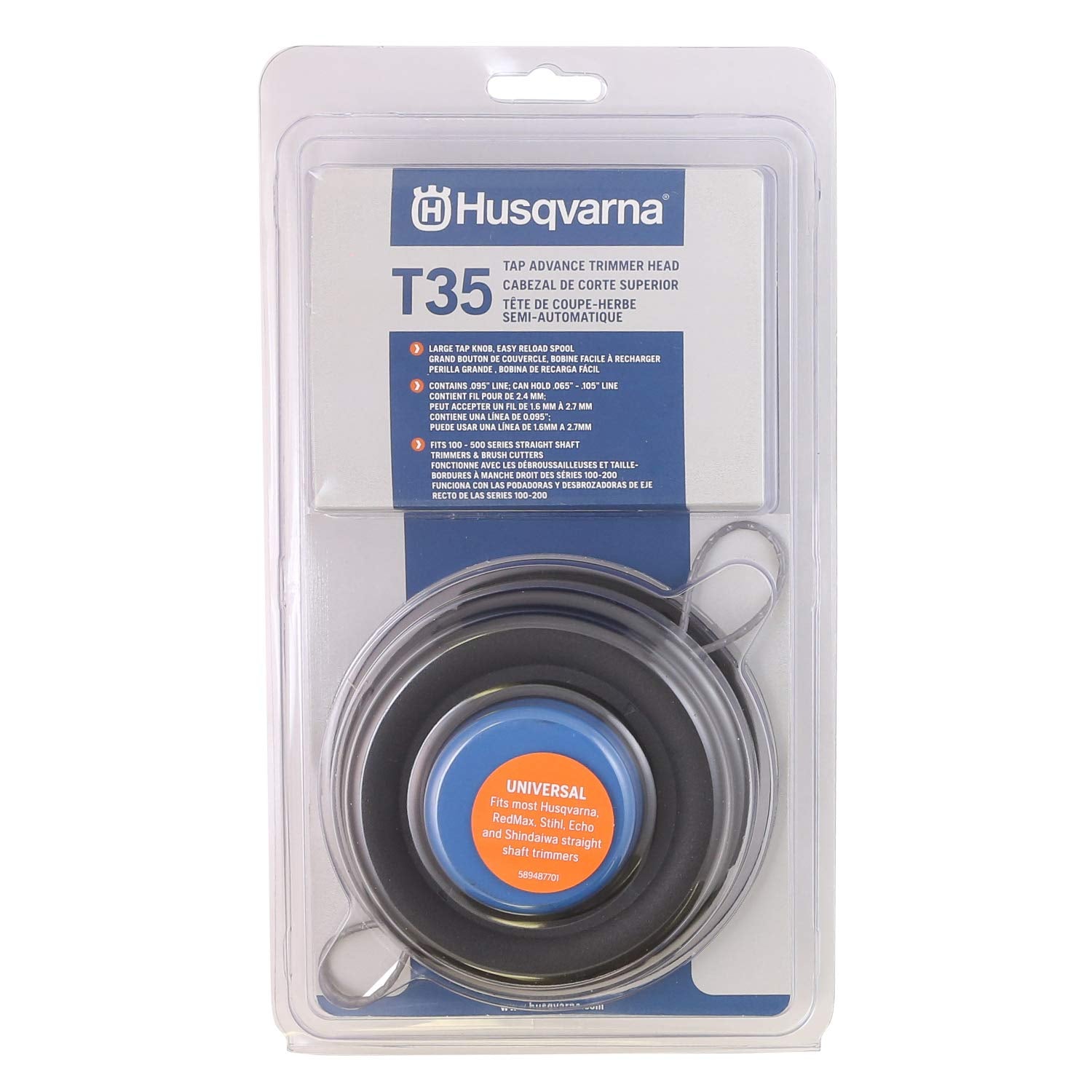 Husqvarna 537388101 Universal T35 Tap Advance Straight Shaft String Trimmer Head, Prewound with .095-Inch Line, Blue/Black, Gifts for Men