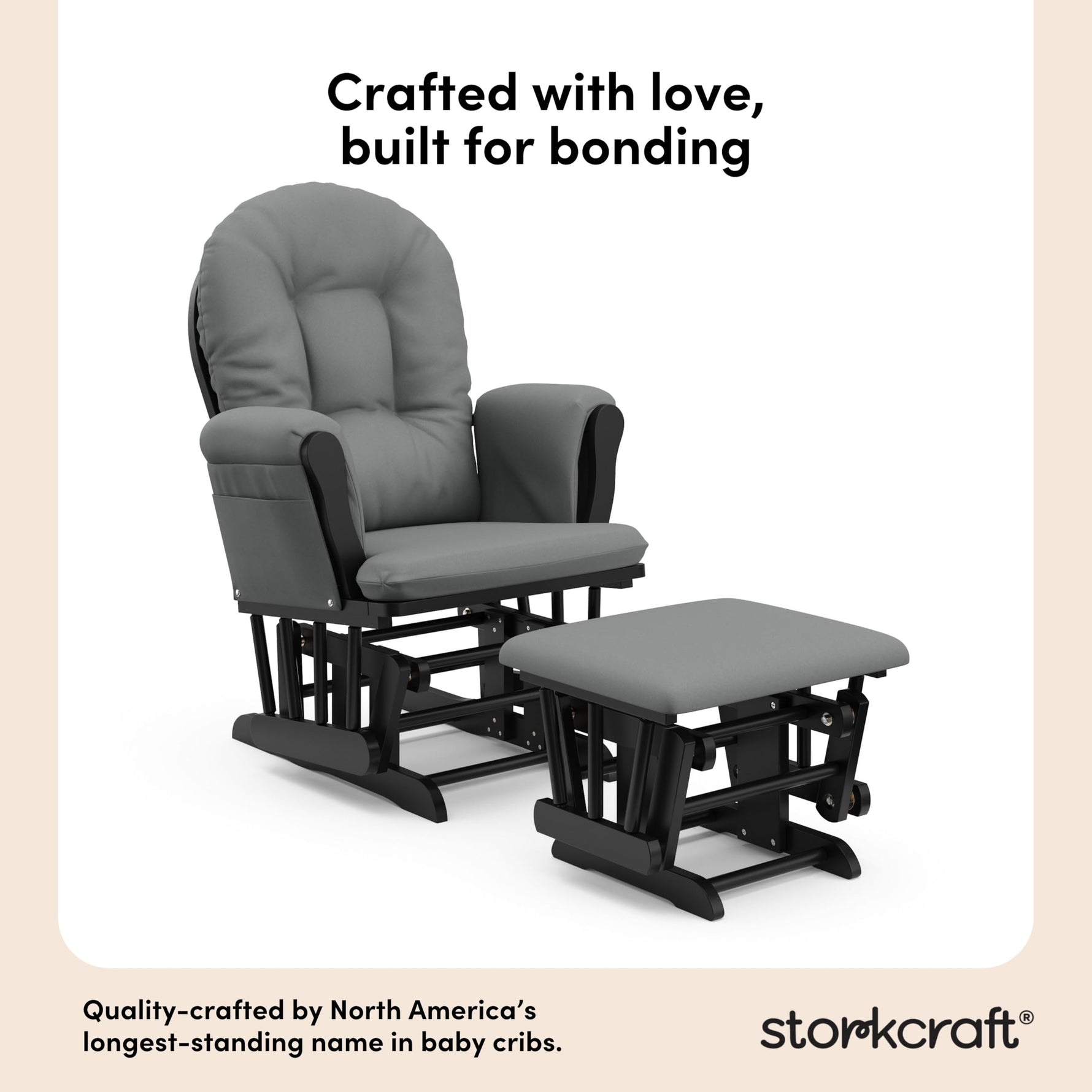 Storkcraft Premium Hoop Glider & Ottoman (Espresso with Beige) — GREENGUARD Gold Certified, Solid Wood Craftsmanship, Convenient Storage Pockets, Glider Rocking Chair for Nursery, Multi-Award-Winning