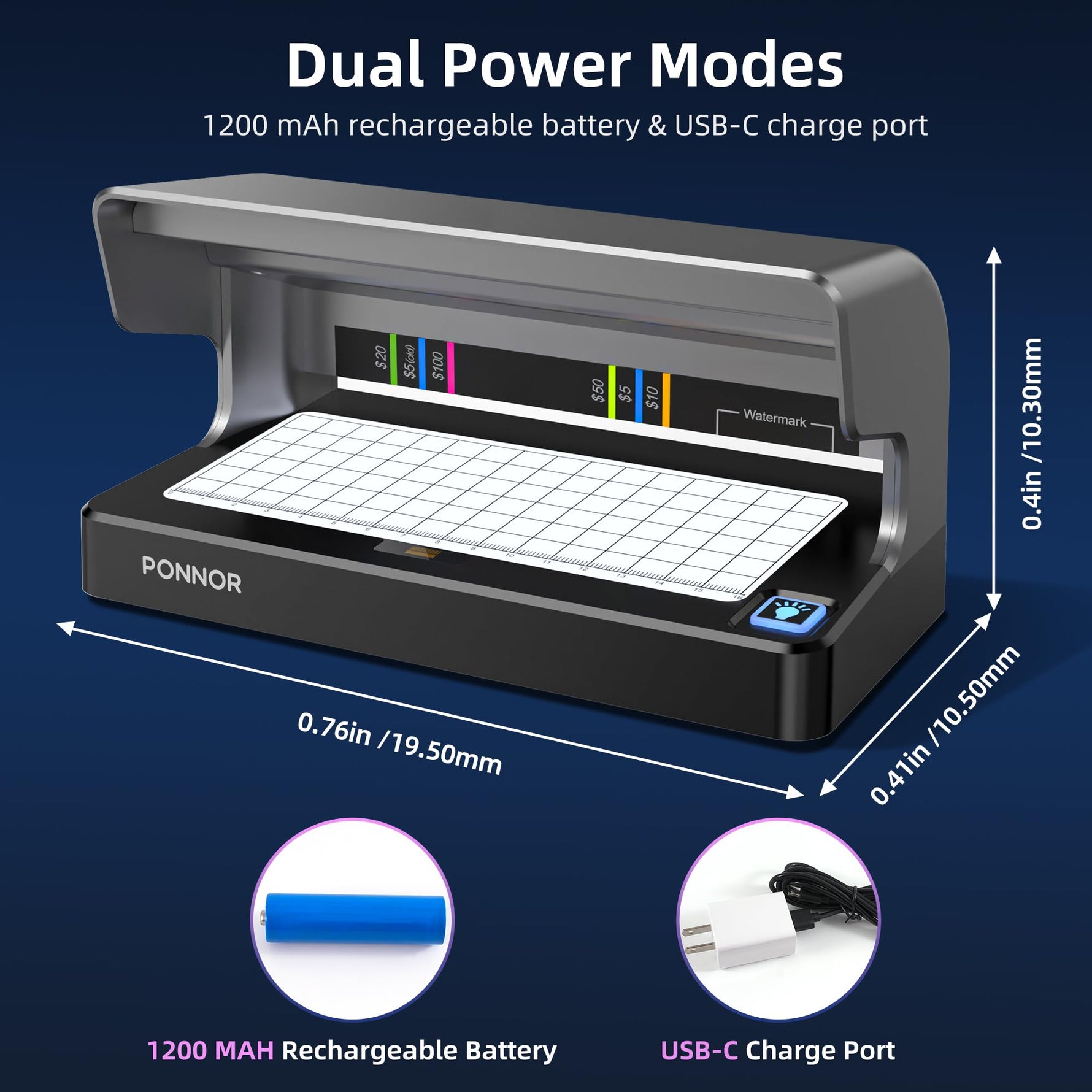 PONNOR AL-12 Counterfeit Bill Detector Money Checker Machine with Dual UV LED Light for Credit Card & ID Detection, Suitable for All Currencies with Auto ON/Off Rechargeable Battery Large FullBacklit
