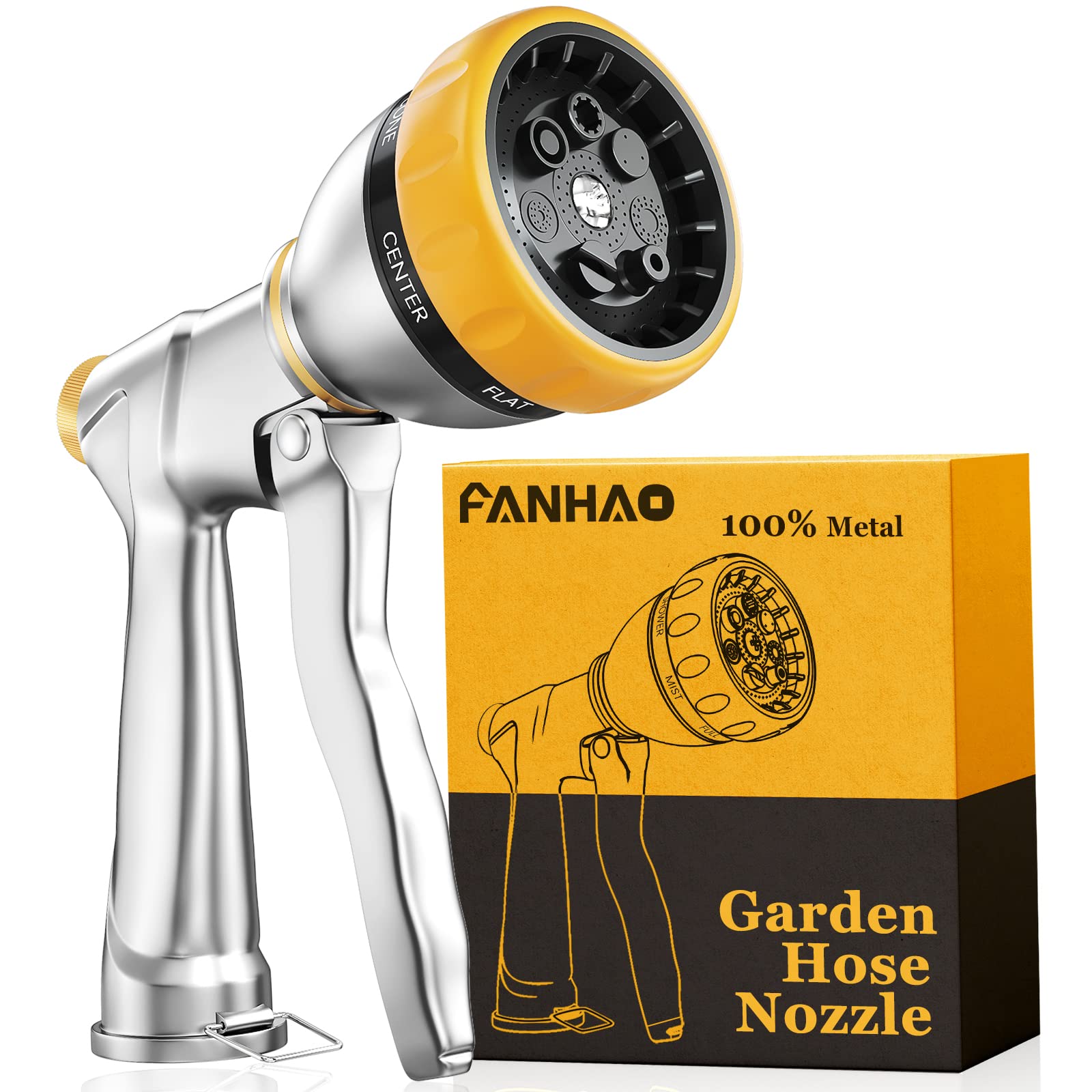 FANHAO Garden Hose Nozzle, 100% Heavy Duty Metal Spray Nozzle with Thumb Control, High Pressure Water Nozzle with 8 Adjustable Spray Patterns for Watering Plants, Washing Cars and Showering Pets