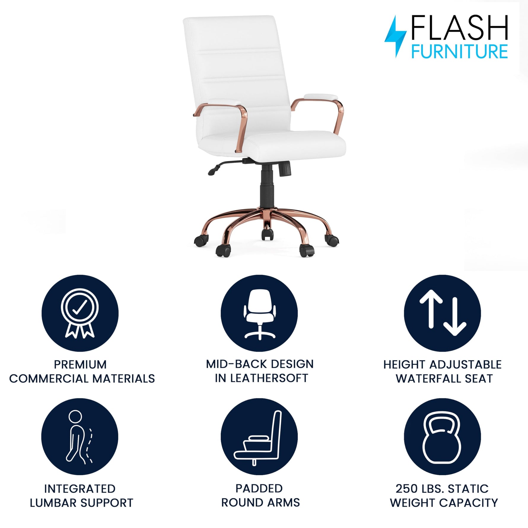 Flash Furniture Whitney Mid-Back Swivel LeatherSoft Desk Chair with Wheels, Padded Seat and Armrests, Adjustable Height Padded Office Chair, Black