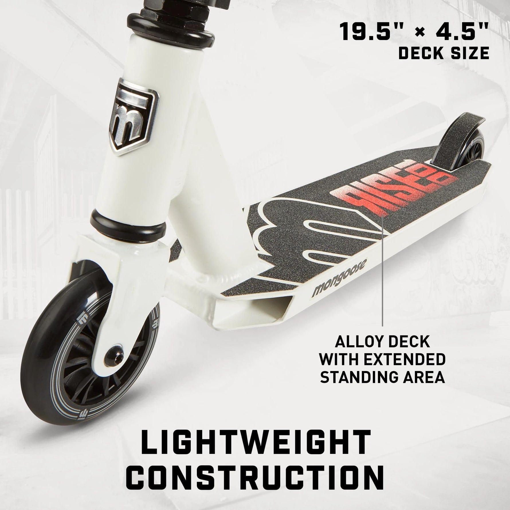 Mongoose Rise 100 Freestyle Stunt Trick Scooter, Lightweight Alloy Deck & Heavy-Duty Frame Up to 220 lbs., Bike-Style Grip, High Impact 100mm Wheels, White/Red