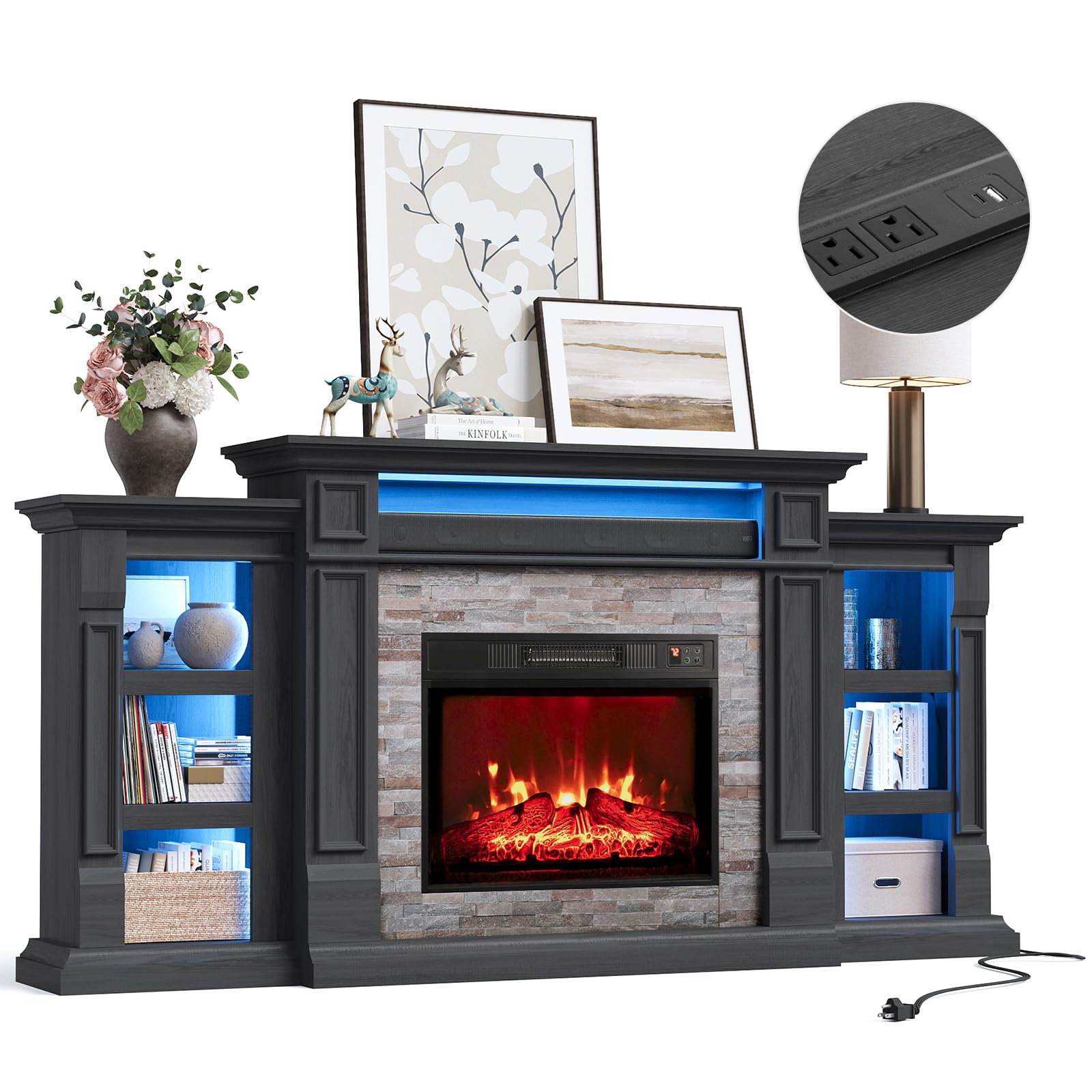 Naice 72" Electric Fireplace with Mantel and Cabinets, Fireplace TV Stand for Living Room Bedroom, Stacked Stone Surround and Remote Control 3D Realistic Flame, Black
