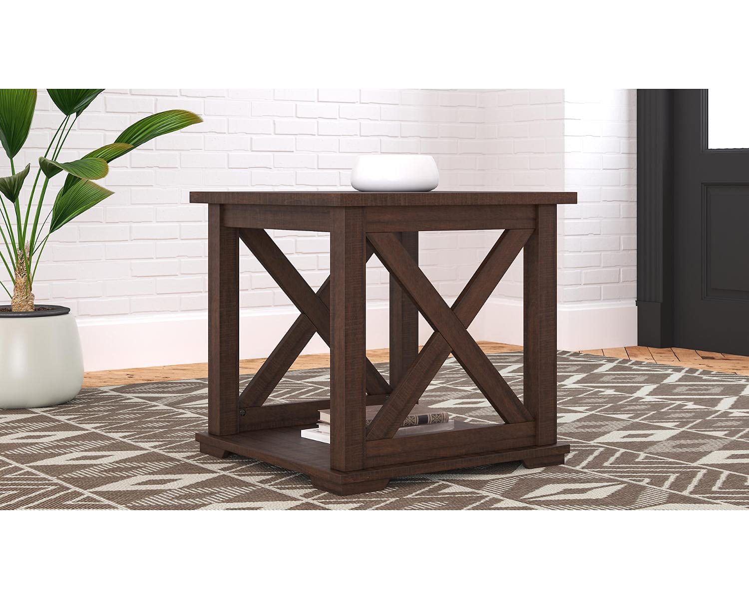 Signature Design by Ashley Aldwin Casual Farmhouse Rectangular End Table with Crossbuck Details, Metal Bracket Accents, Wood, 25" High, Weathered Gray