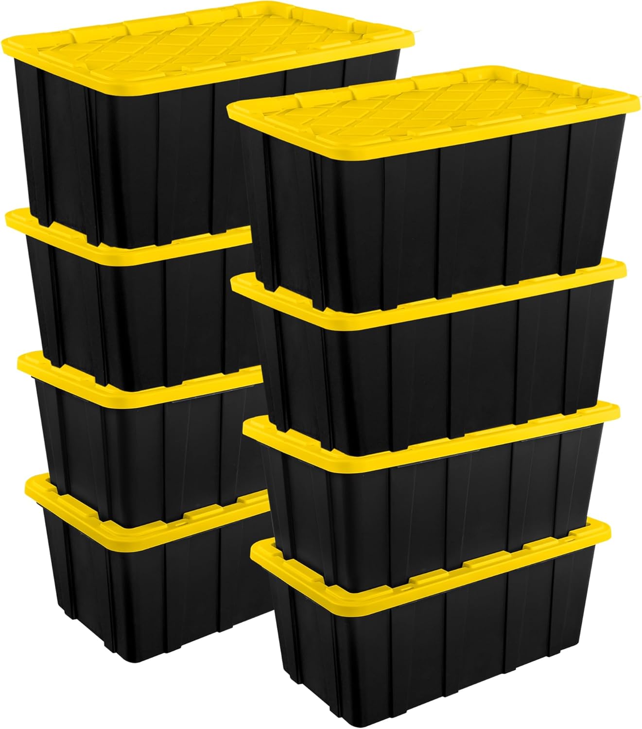 Sterilite Industrial Storage Tote with Lids for Garage, 27 Gallon, 4-Pack | Heavy-Duty and Stackable Utility Box Containers for Home, Office, and Basement Organization, Black/Yellow