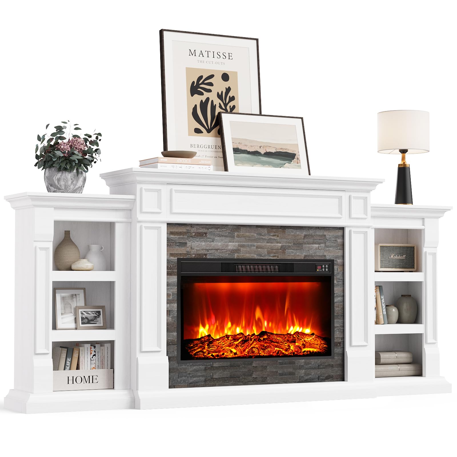Naice 72" Electric Fireplace with Mantel and Cabinets, Fireplace TV Stand for Living Room Bedroom, Stacked Stone Surround and Remote Control 3D Realistic Flame, Black