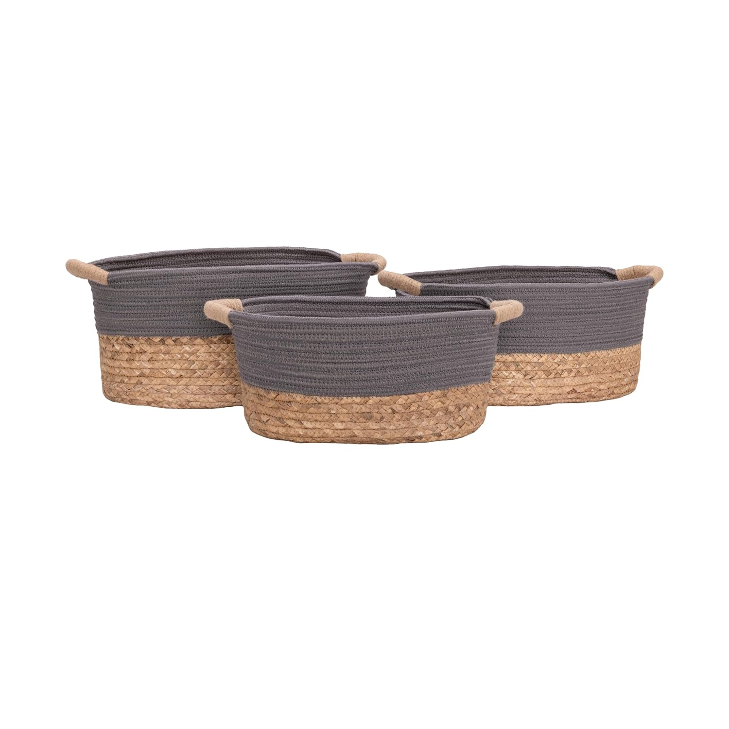 Seville Classics Premium Natural Handwoven Portable Laundry Bin Basket with Carrying Handles, Household Storage for Clothes, Linens, Sheets, Natural Water Hyacinth and Gray Rope, 3 Piece Set