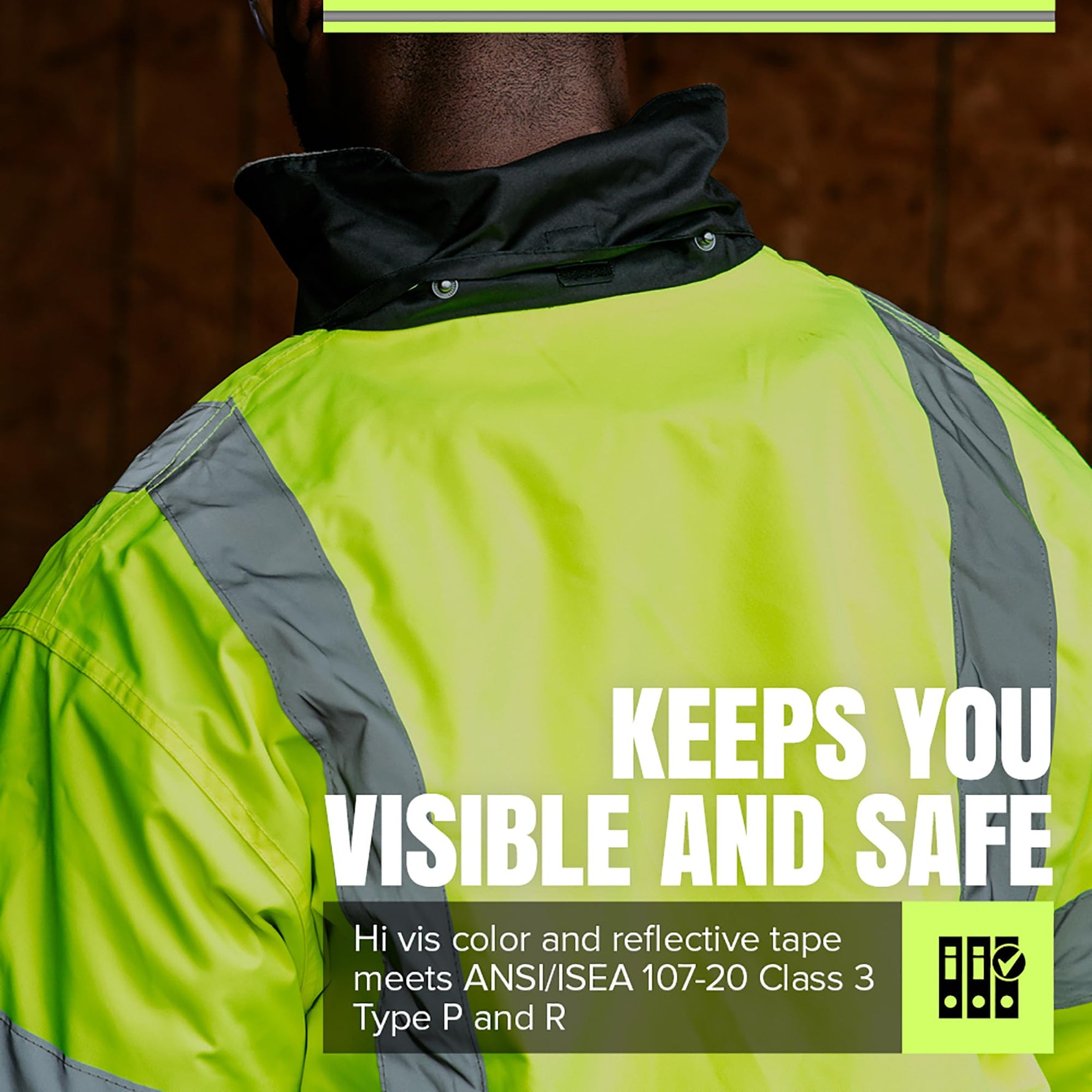 Pioneer Hi Vis Safety Bomber for Men - Waterproof, Reflective, ANSI Class 3, Winter Rain Jacket with Detachable Hood
