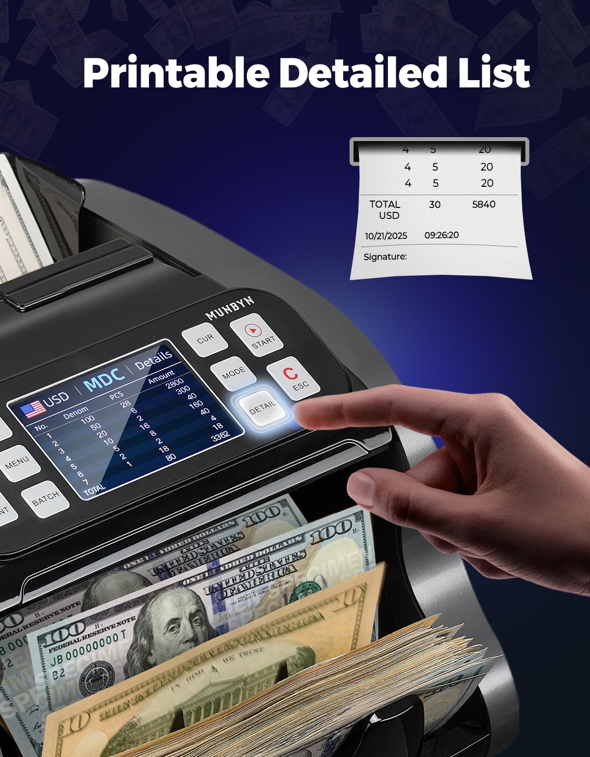 MUNBYN IMC22 Money Counter Machine Mixed Denomination, Dual-Display, CIS/UV/IR/MG Counterfeit Detection Bill Counter, USD, MXN, EUR, CAD Cash Counter for Business, Merchant, 2Y Protect (Black)